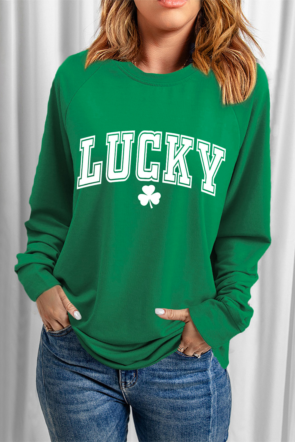 Green St. Patricks LUCKY Clover Print Raglan Sleeve Sweatshirt - loveforevers
