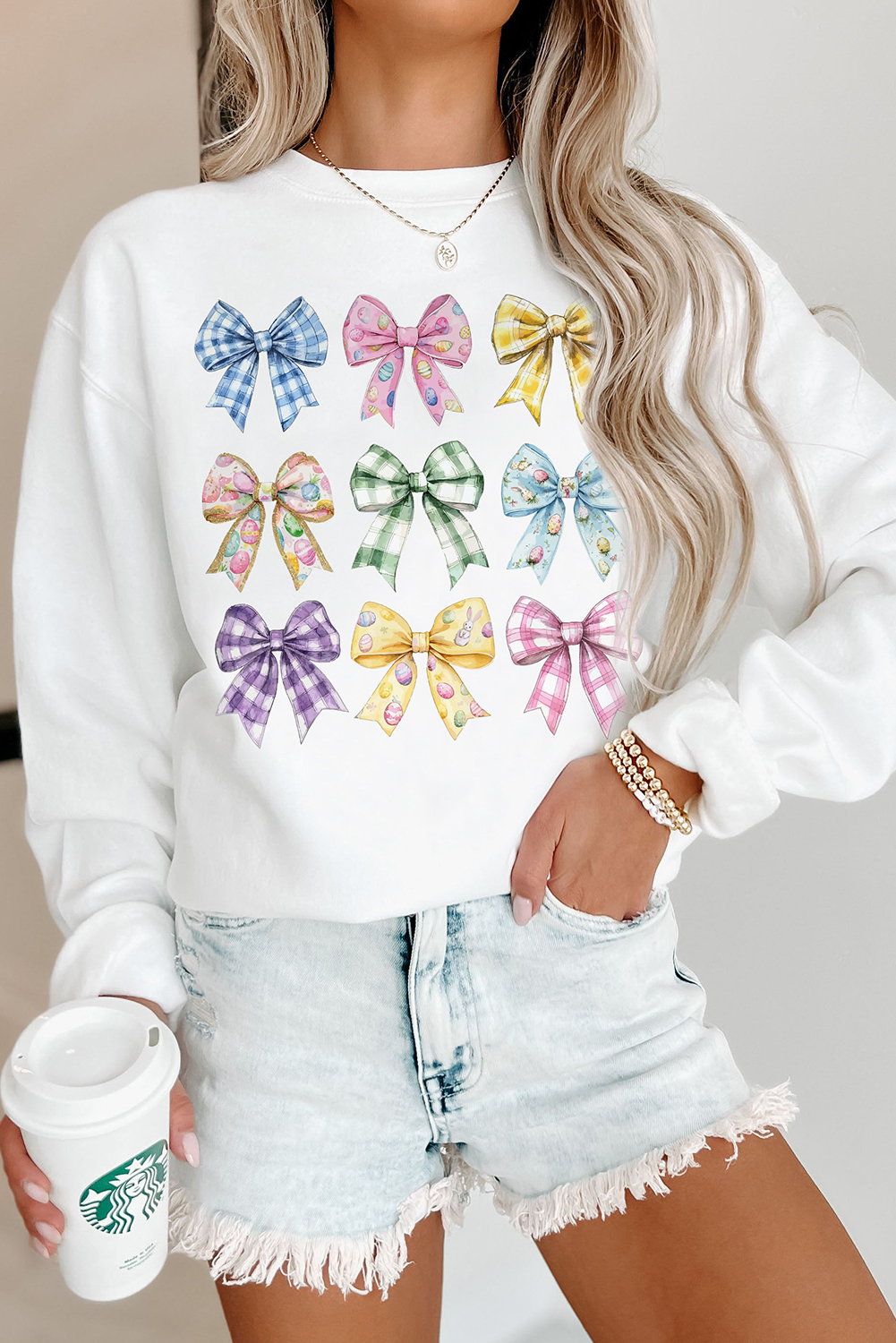 White Easter Eggs Plaid Bow Graphic Drop Shoulder Sweatshirt - loveforevers