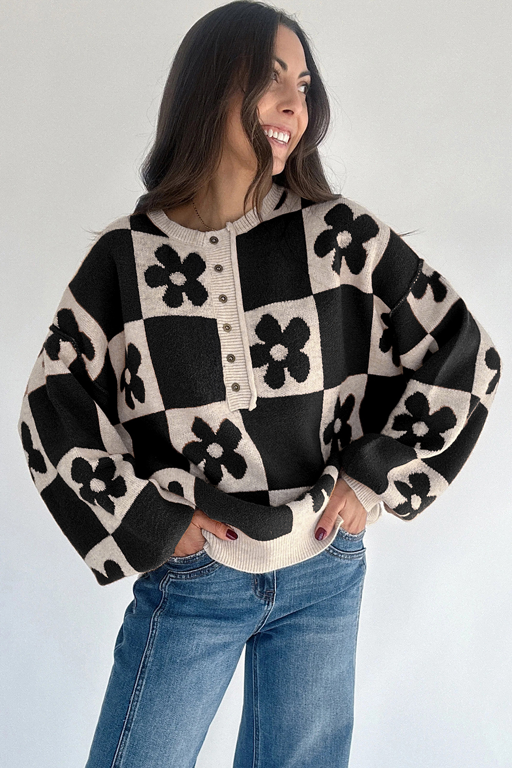 Black Flower Plaid Henley Baggy Sweater - loveforevers