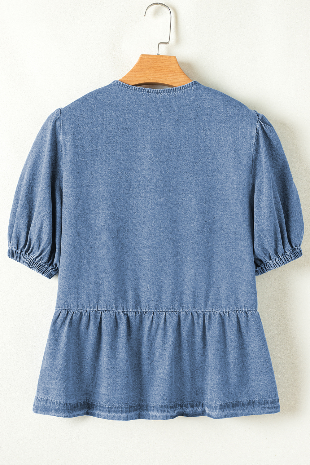 Dusk Blue Tied Front Bubble Sleeve Peplum Denim Shirt - loveforevers