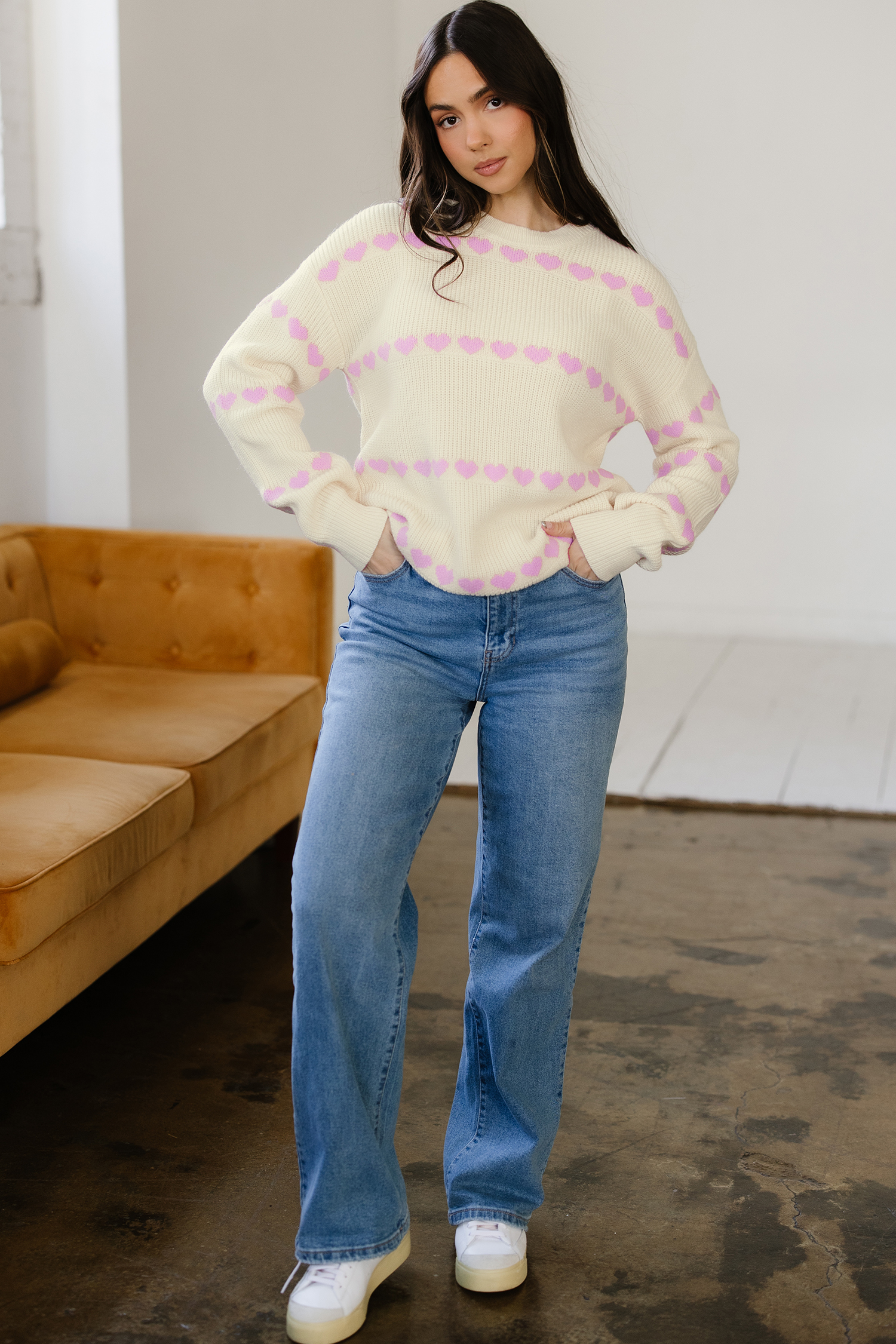 Pink Heart Pattern Valentine Ribbed Knit Sweater - loveforevers