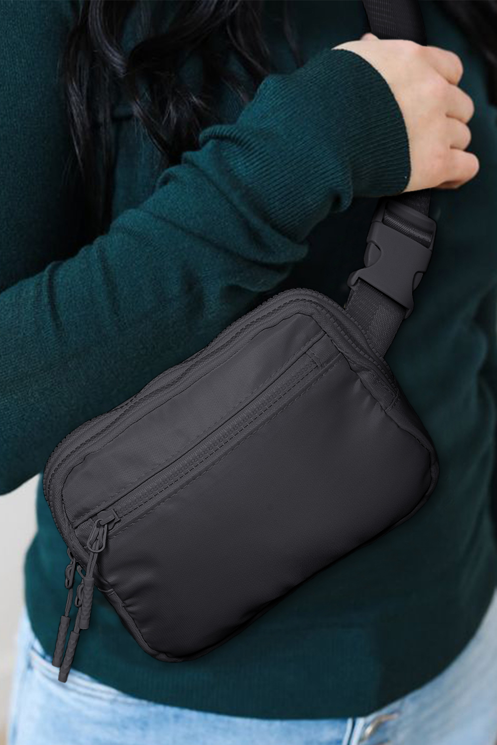 Black Wide Belt Zipped Square Crossbody Bag - loveforevers