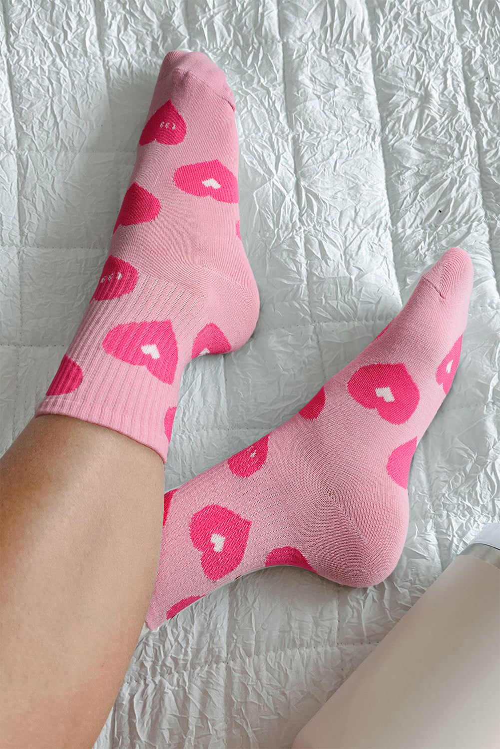 Light Pink Heart Print Ribbed Trim Soft Crew Socks - loveforevers