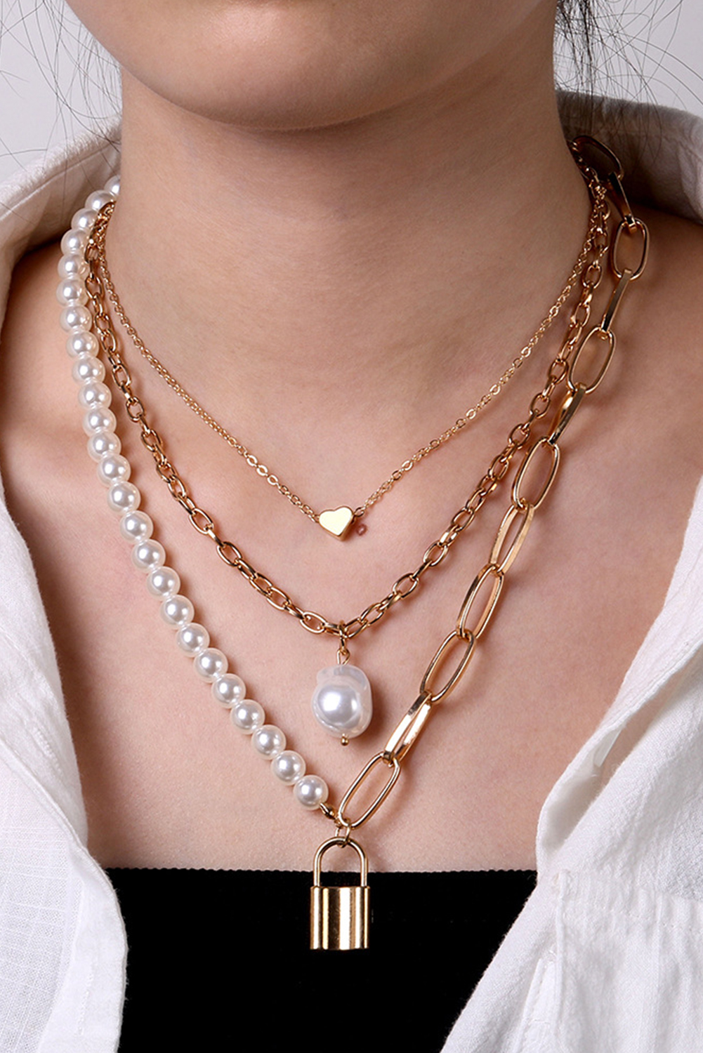 Gold Plated Heart Lock Baroque Pearl Multi Layer Necklace - loveforevers
