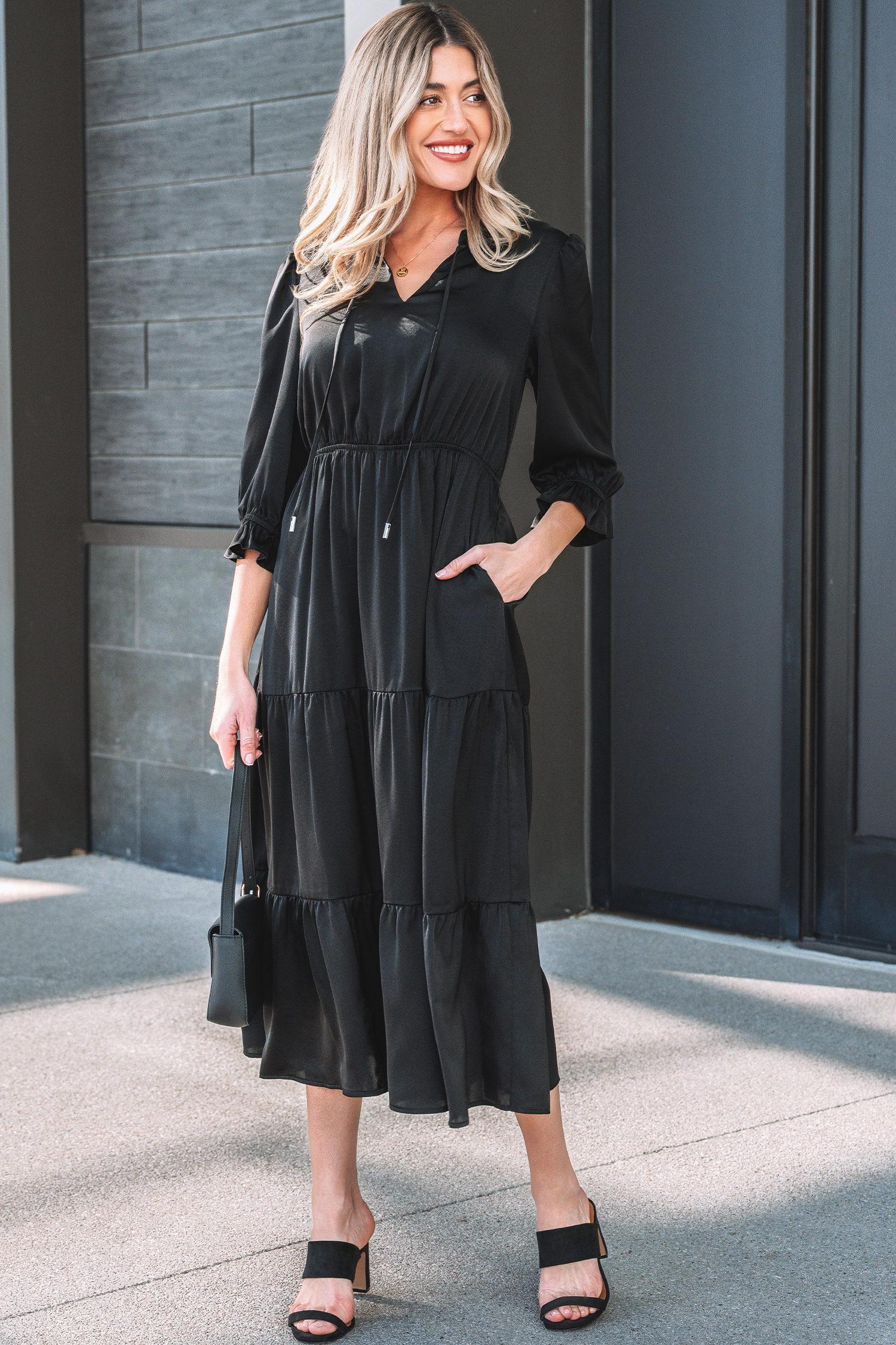 Black Flounced Bracelet Sleeve V Neck Tiered Maxi Dress - loveforevers