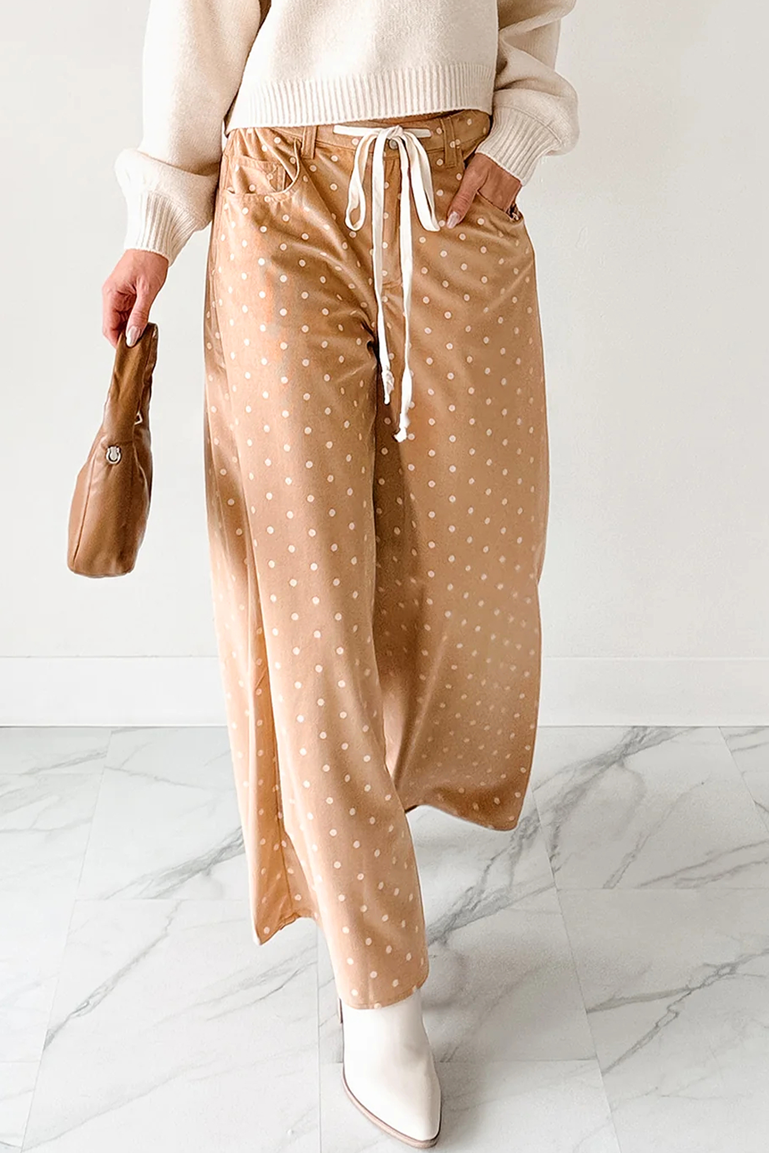 Khaki Polka Dot Print Drawstring Wide Leg Pants - loveforevers