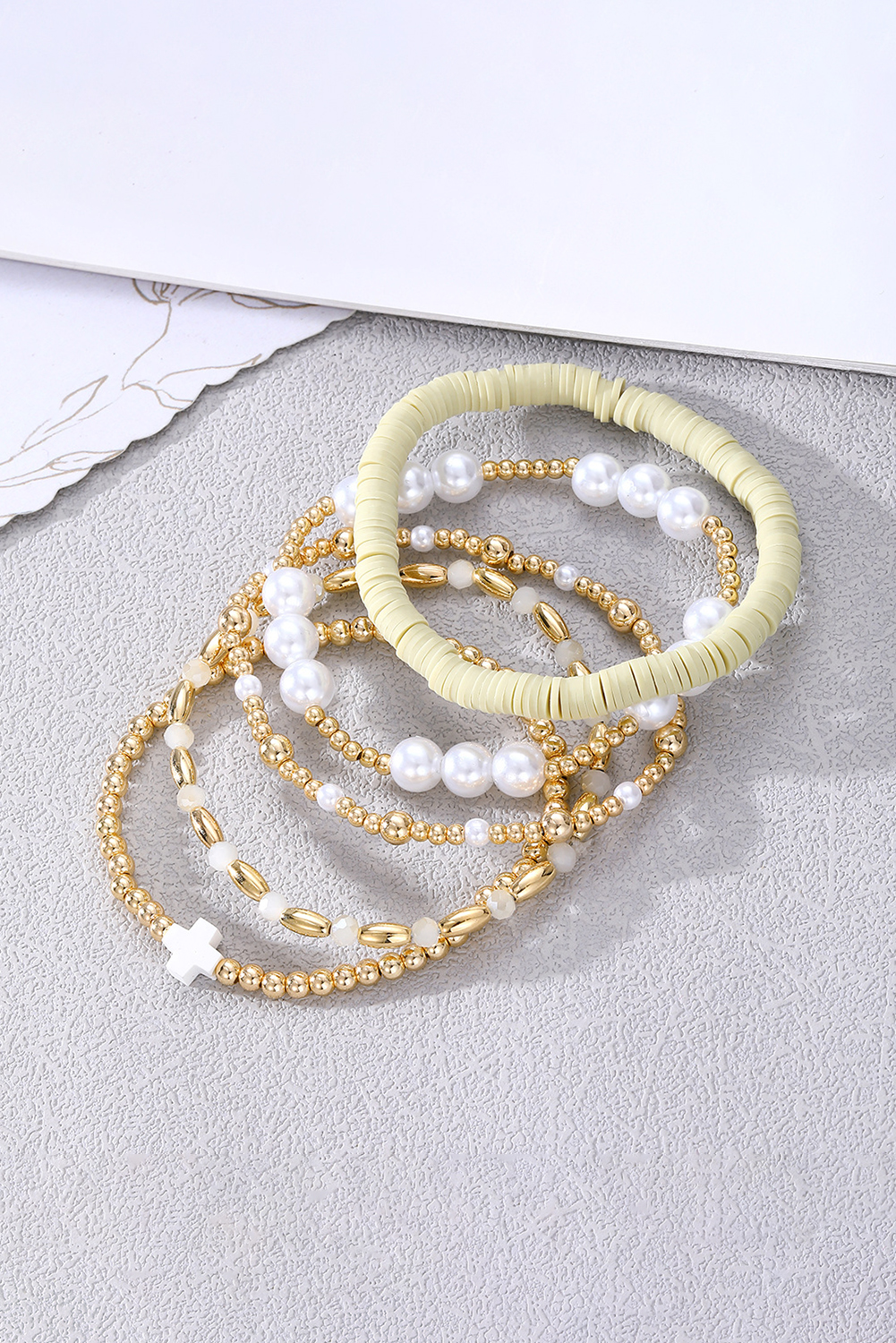 Gold Plated Beading Pearl Detail 5pcs Elastic Bracelet Set - loveforevers