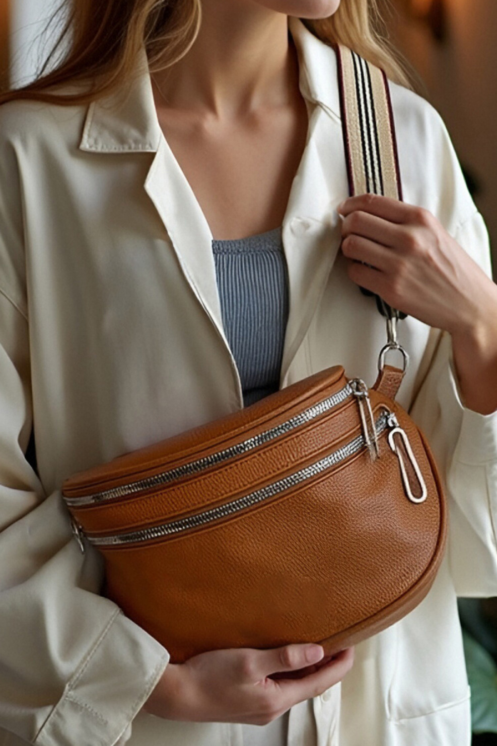 Chestnut PU Leather Double Zipper Crossbody Bag - loveforevers