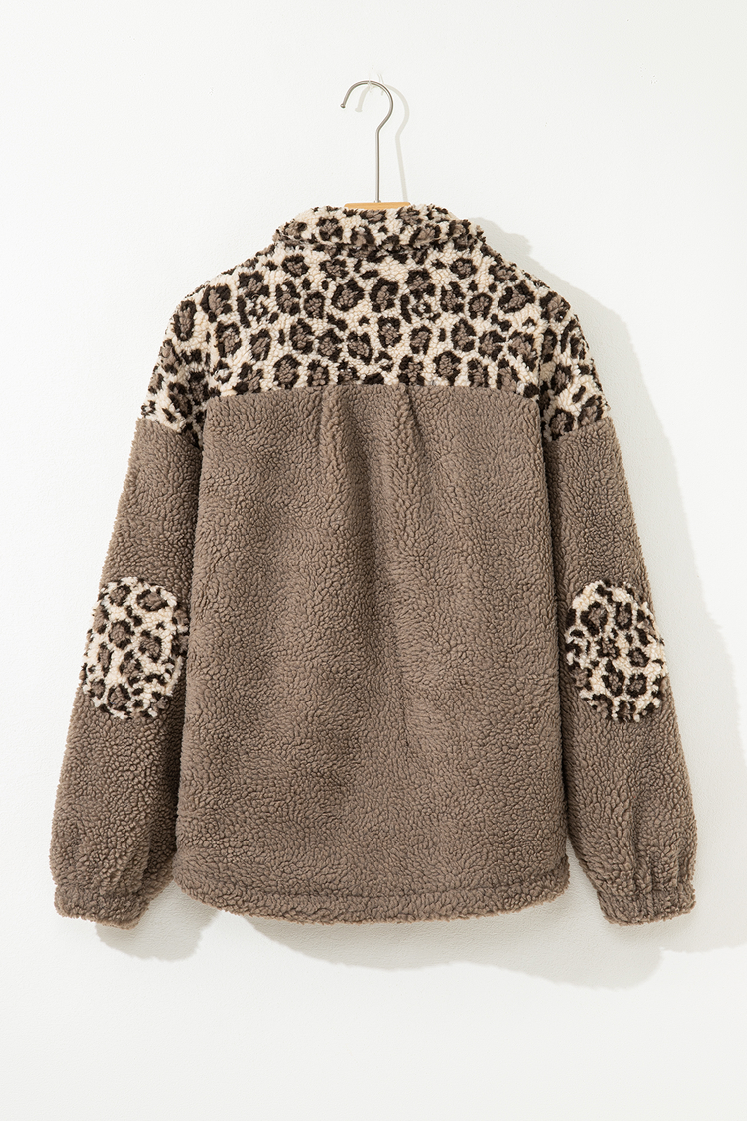 Brown Sherpa Leopard Print Flap Pocket Collared Button Up Jacket - loveforevers