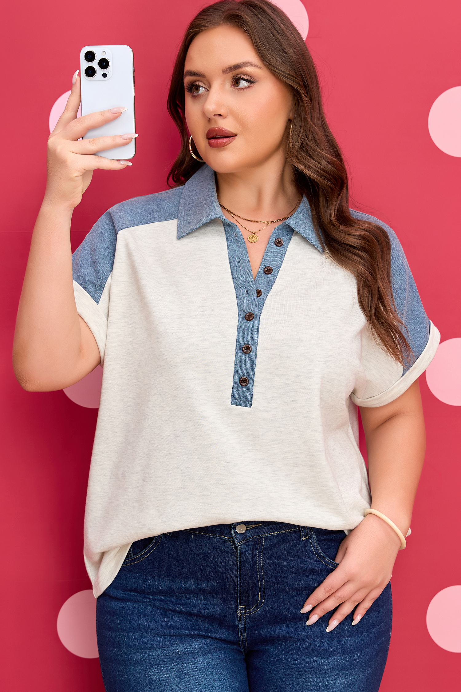 Beige Plus Size Contrast Denim Patchwork Cuffed Sleeve Polo Tee - loveforevers
