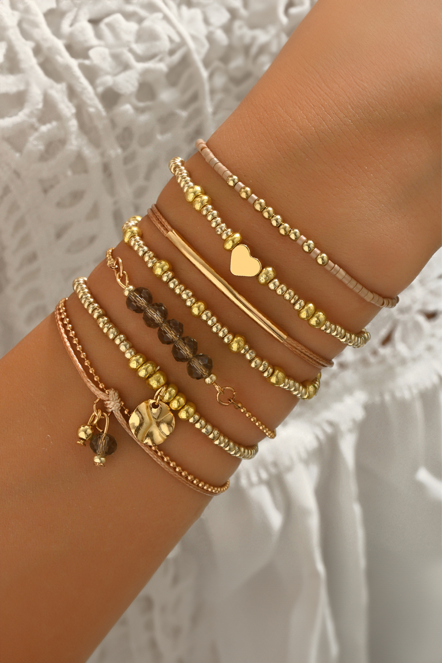 Gold 7pcs Bohemian Heart Bead Layered Bracelet Set - loveforevers