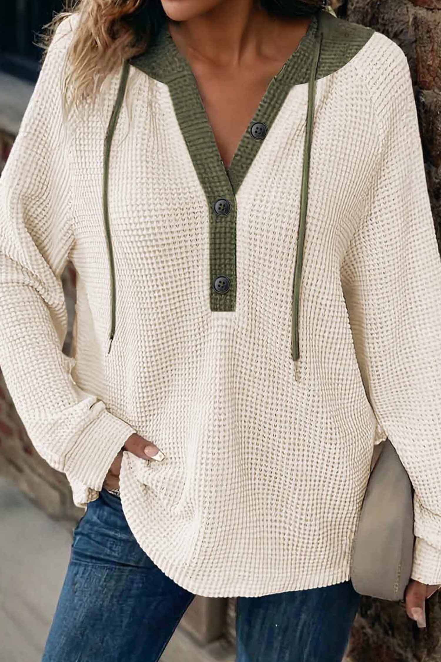 Coffee Waffle Contrast Half Buttoned Hooded Pullover Top - loveforevers