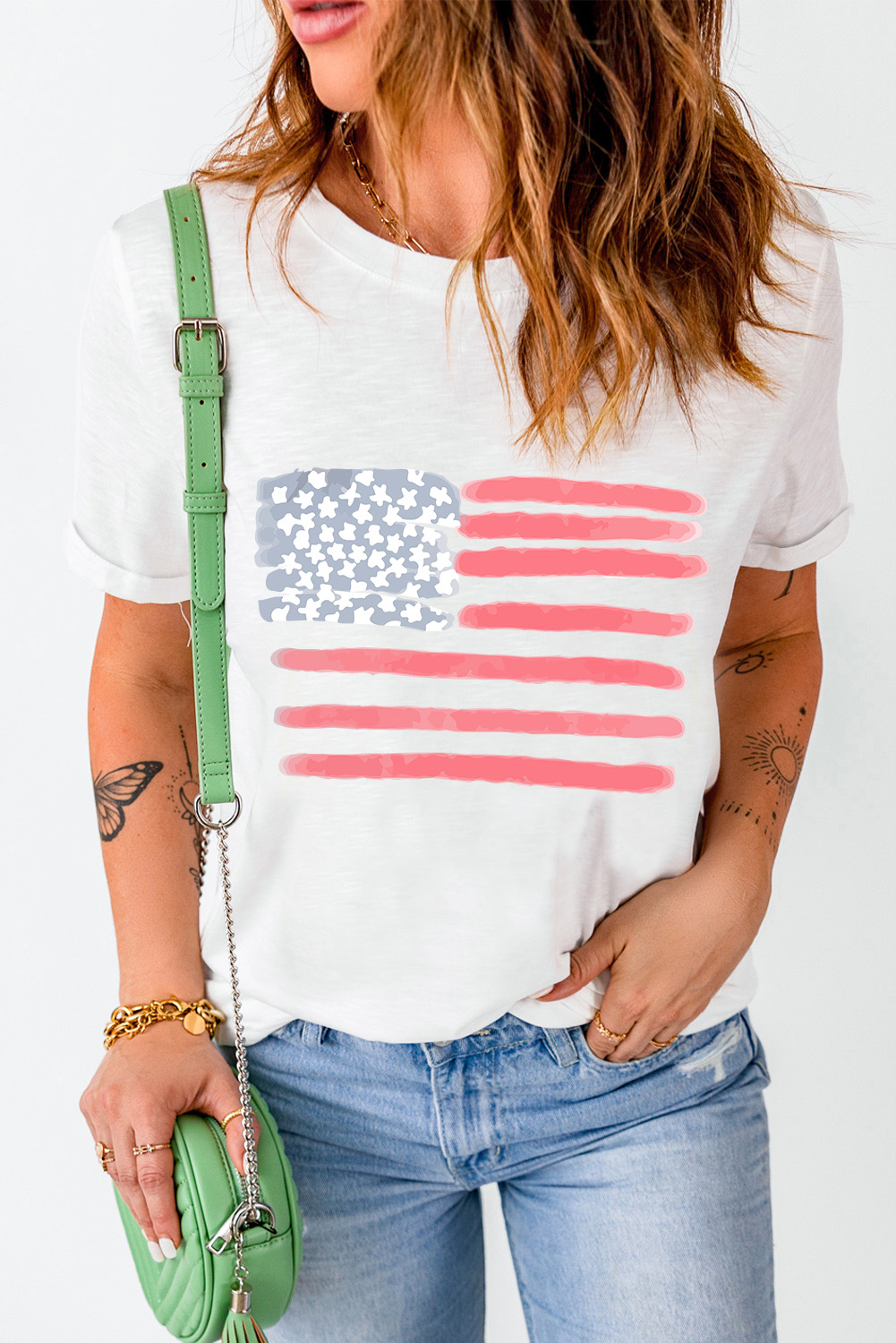 White American Flag Pattern Crew Neck Short Sleeve Tee - loveforevers