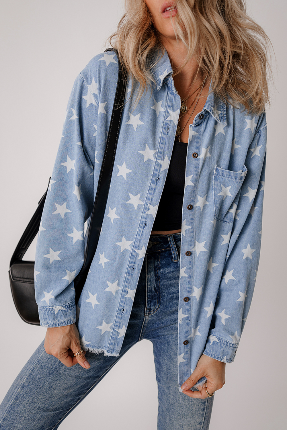 Sky Blue Star Print Light Wash Raw Hem Denim Jacket - loveforevers