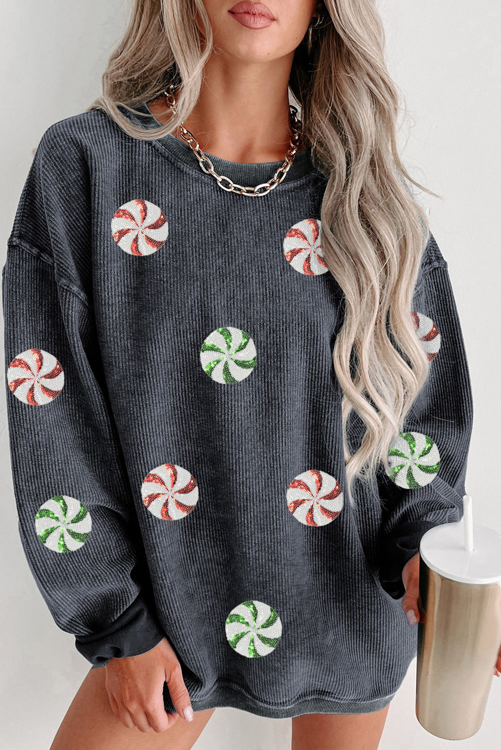 Gray Christmas Candy Sequin Graphic Ribbed Corded Baggy Sweatshirt - loveforevers
