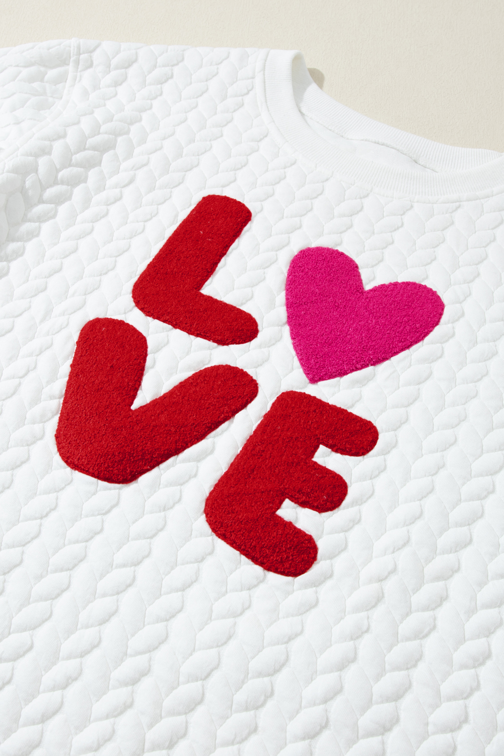 White LOVE Chenille Embroidered Cable Knit Pullover Sweatshirt - loveforevers