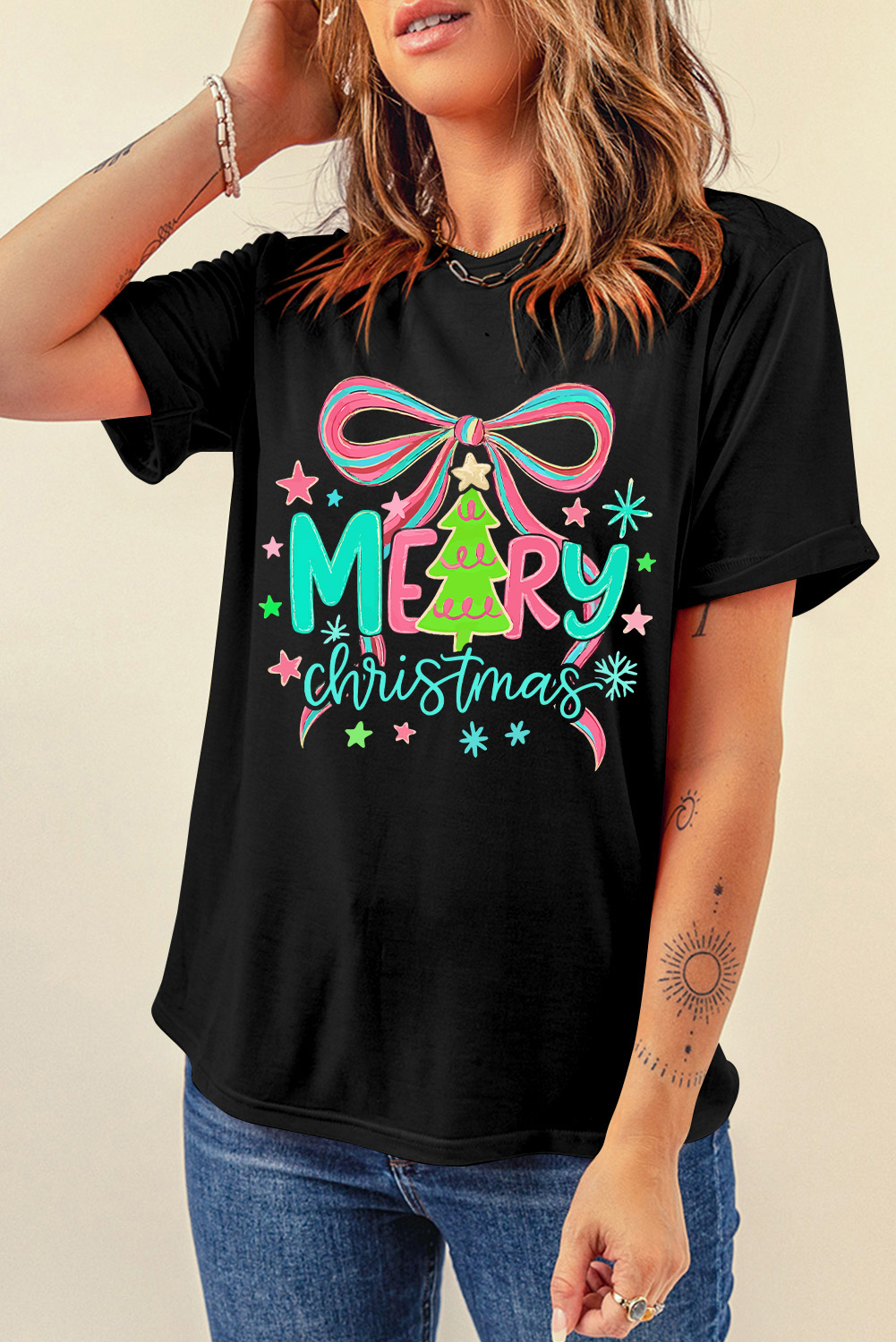 Black MERRY Christmas Vibrant Bow Print T Shirt - loveforevers