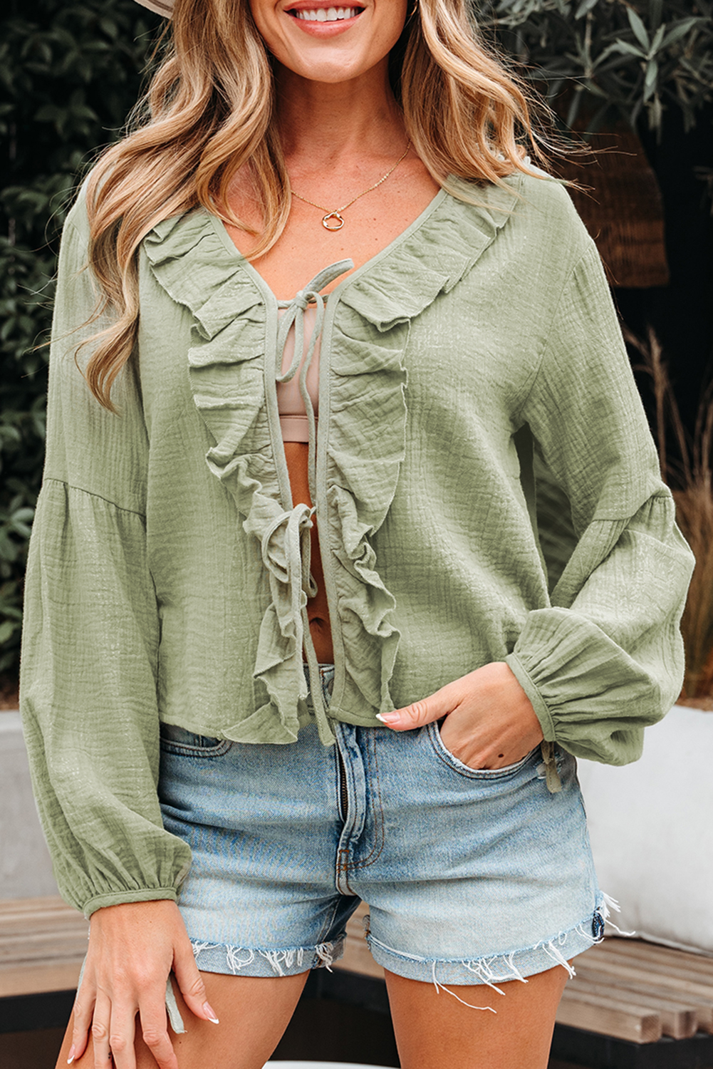 Meadow Mist Green Bow Tie Front Ruffle Trim V Neck Long Sleeve Gauze Blouse - loveforevers