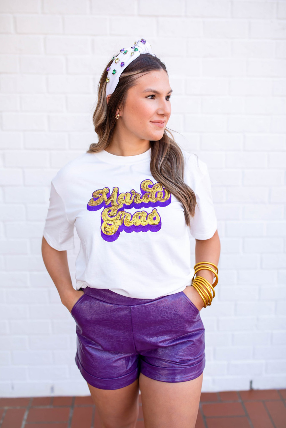 White Mardi Gras Sequin Graphic T-shirt - loveforevers