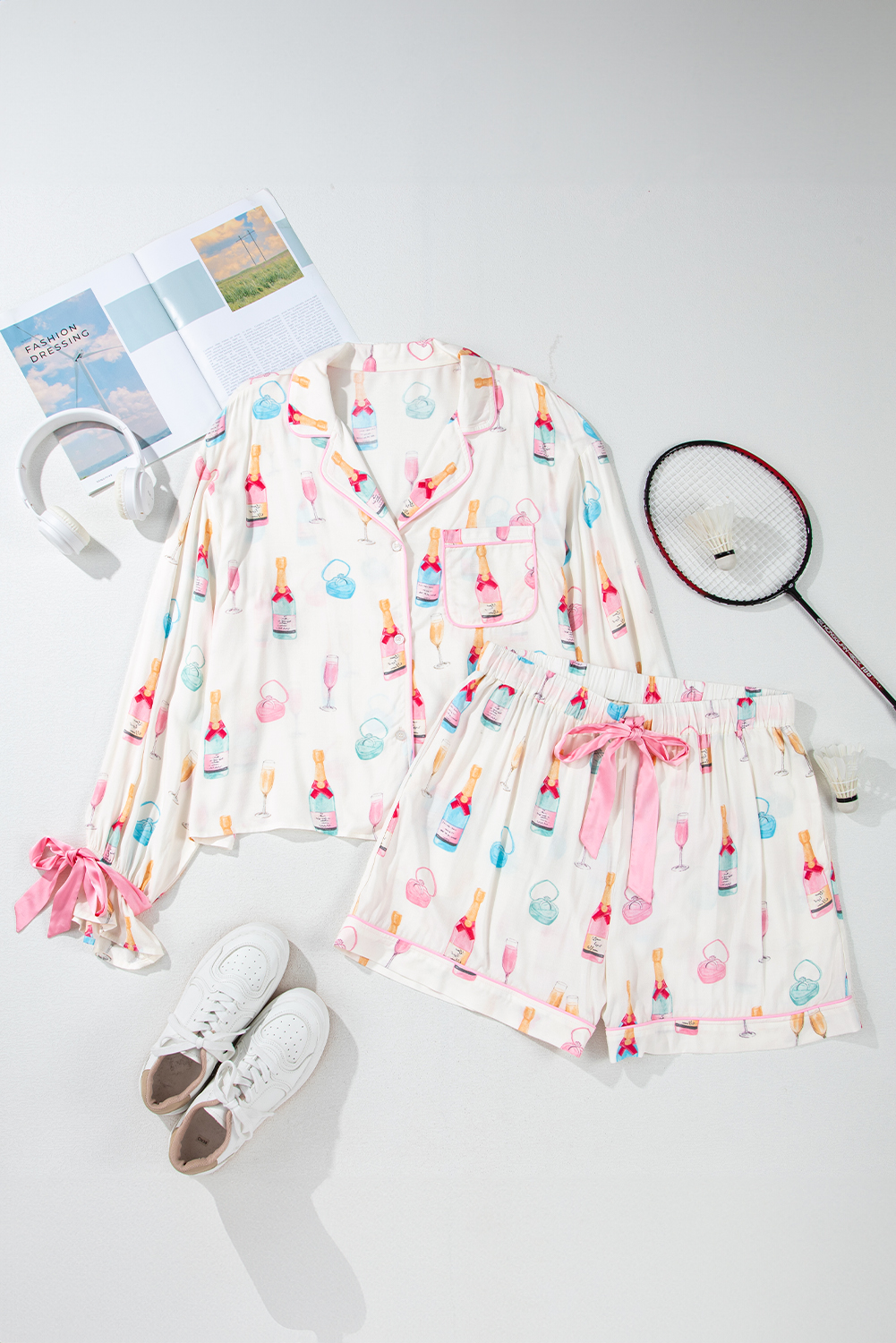 White Christmas Wine Glass Print Bow Knot Two Piece Pajama Set - loveforevers