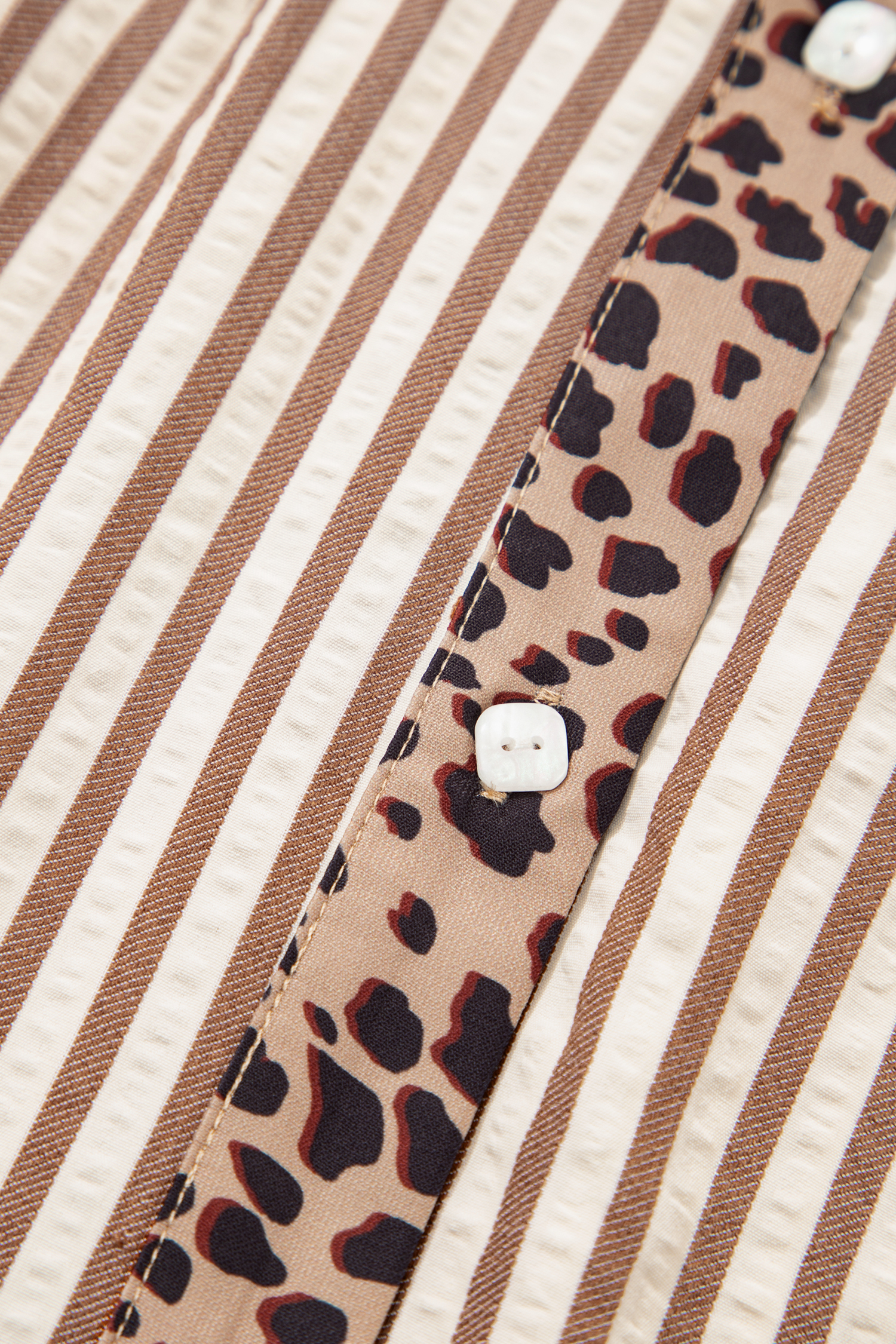 Khaki Stripe Square Button Leopard Trim Loose Bracelet Sleeve Shirt Dress - loveforevers