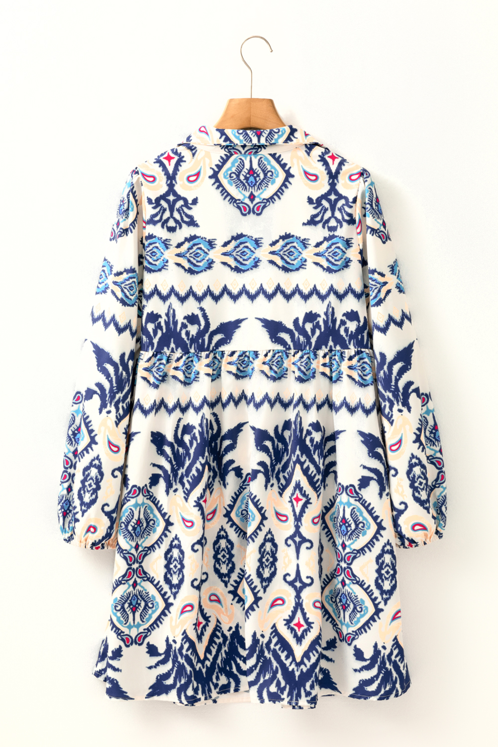 Blue Ethnic Print Striped Split Neck Long Sleeve Flowy Mini Dress - loveforevers