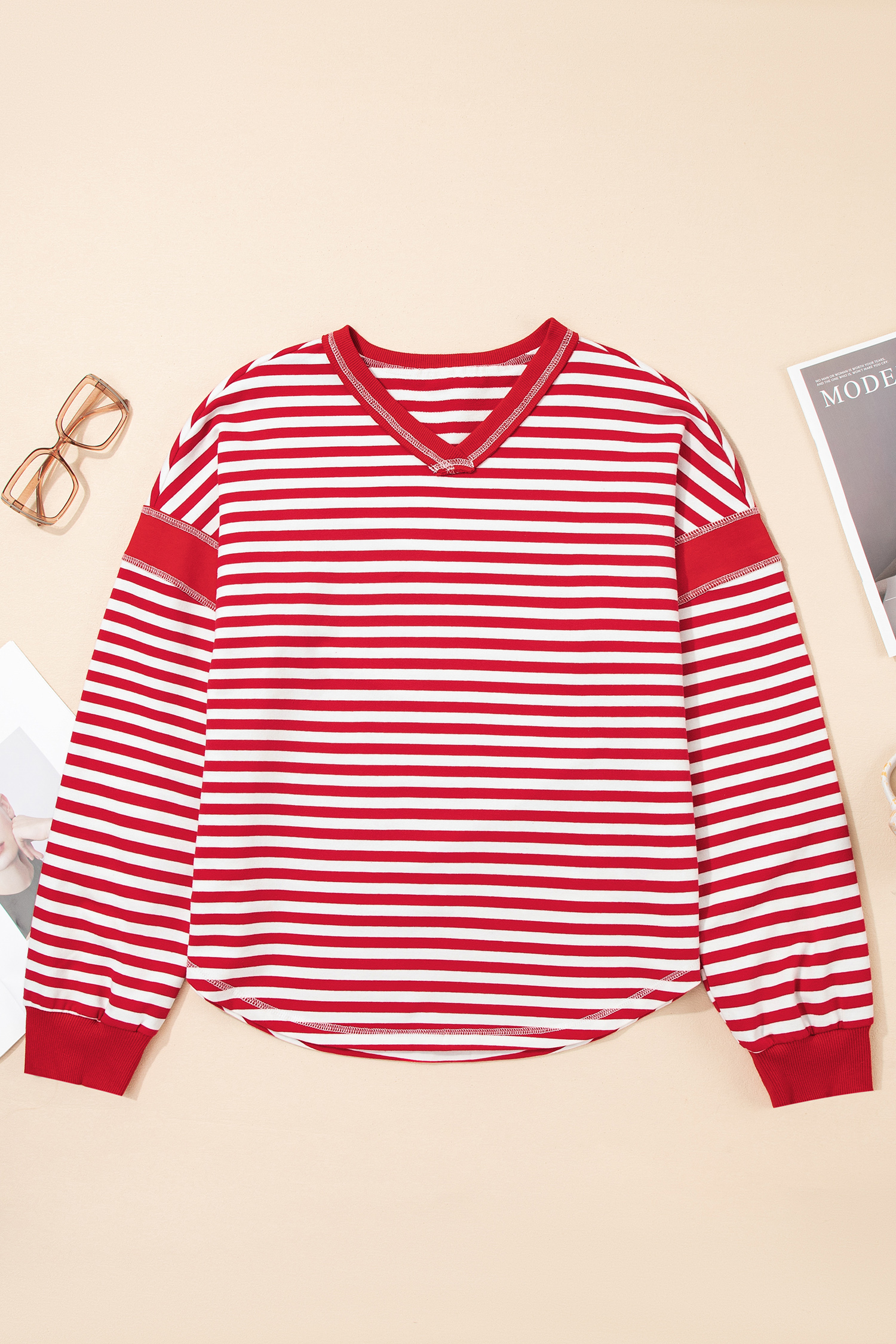 Red Stripe Exposed Seam V Neck Balloon Sleeve Pullover - loveforevers