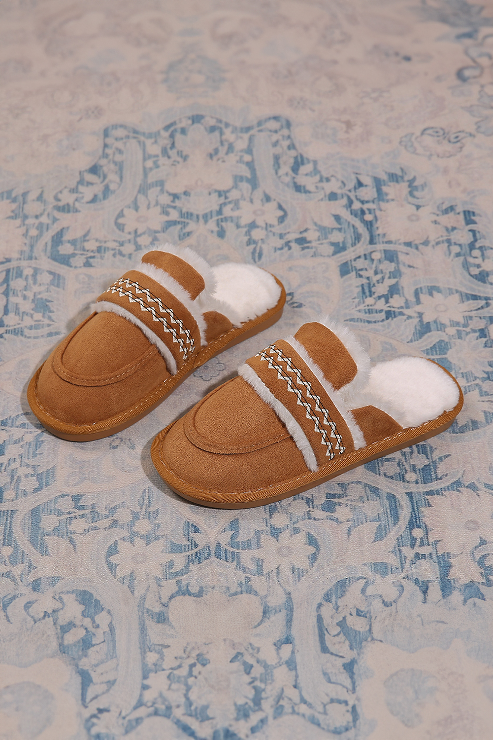 Chestnut Suede Wavy Striped Plush Lined Slippers (Run Small, Size Up) - loveforevers