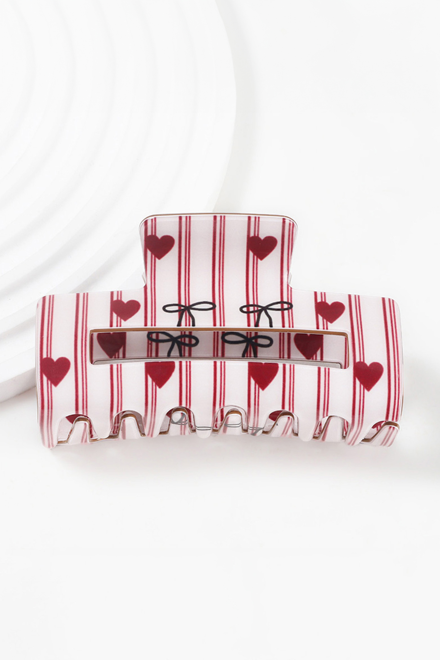 Fiery Red Striped Heart Contrast Bow Printed Rectangle Hair Claw Clip - loveforevers