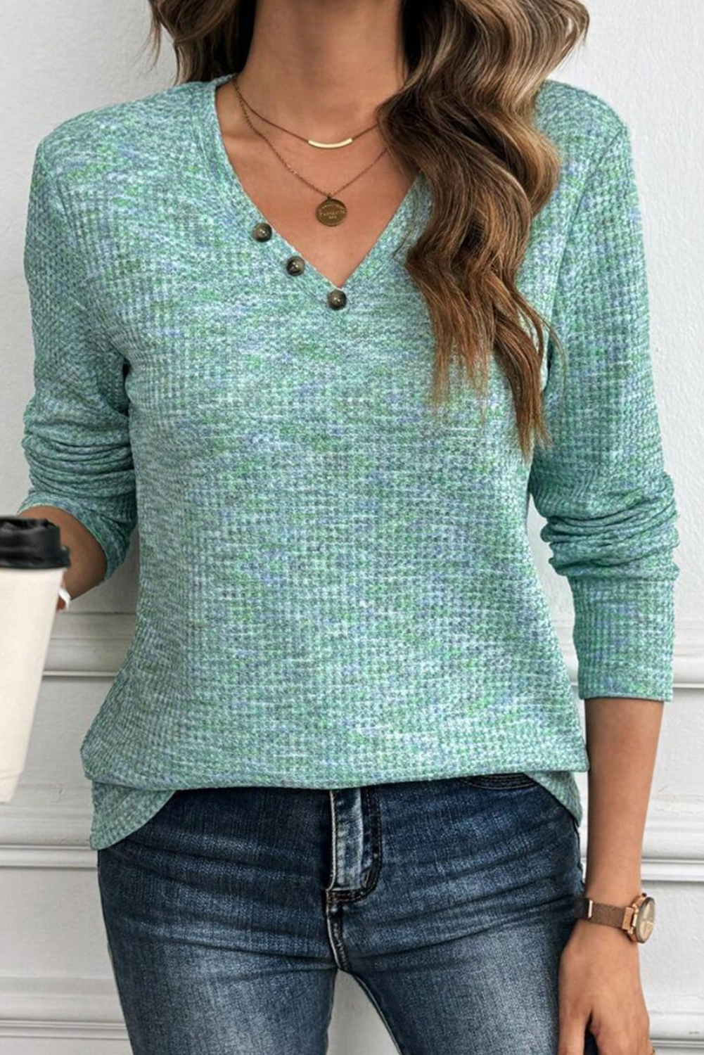Moonlight Jade Buttoned V Neck Textured Knit Long Sleeve Top - loveforevers