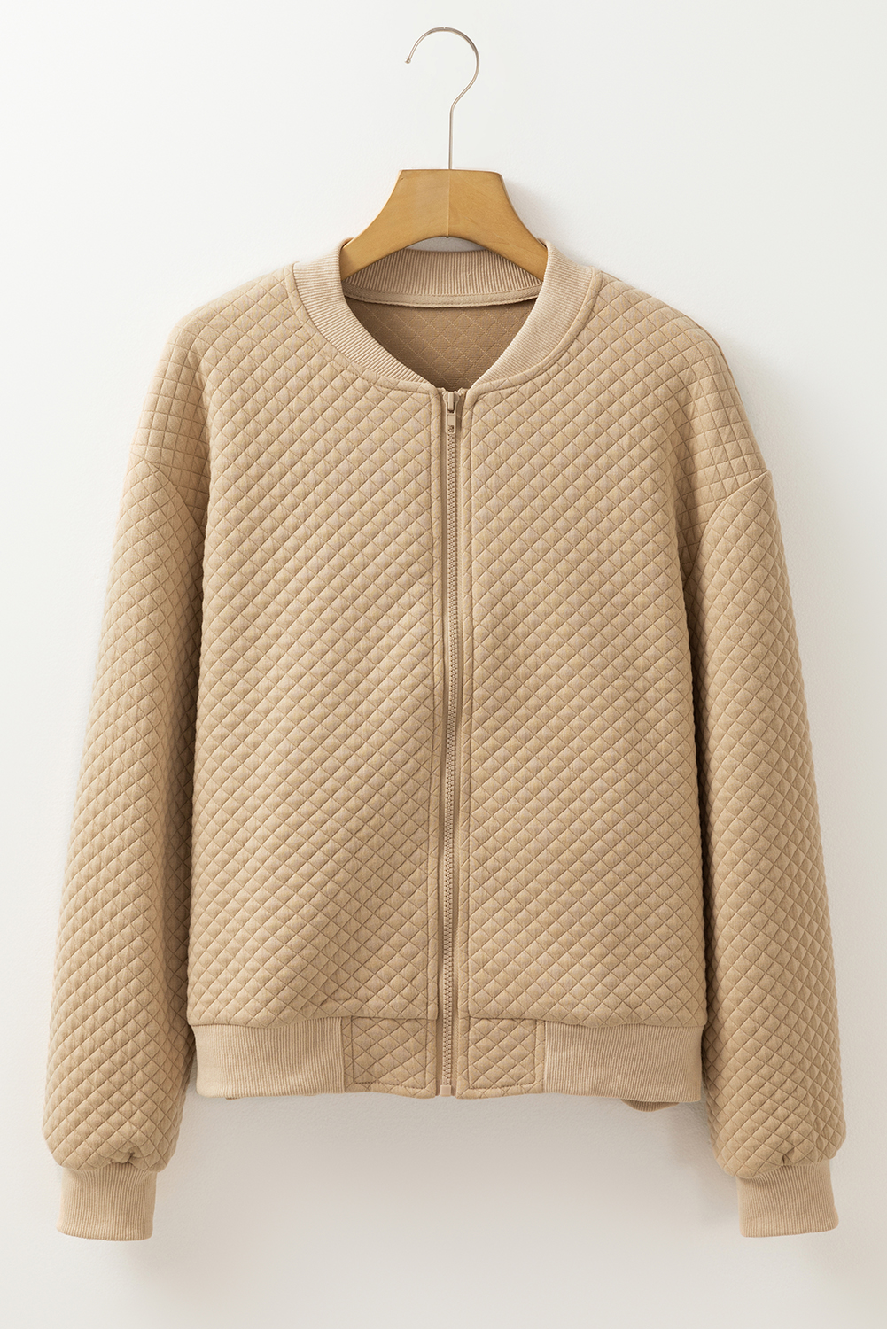 Pale Khaki Solid Geometric Textured Baseball Collar Jacket - loveforevers