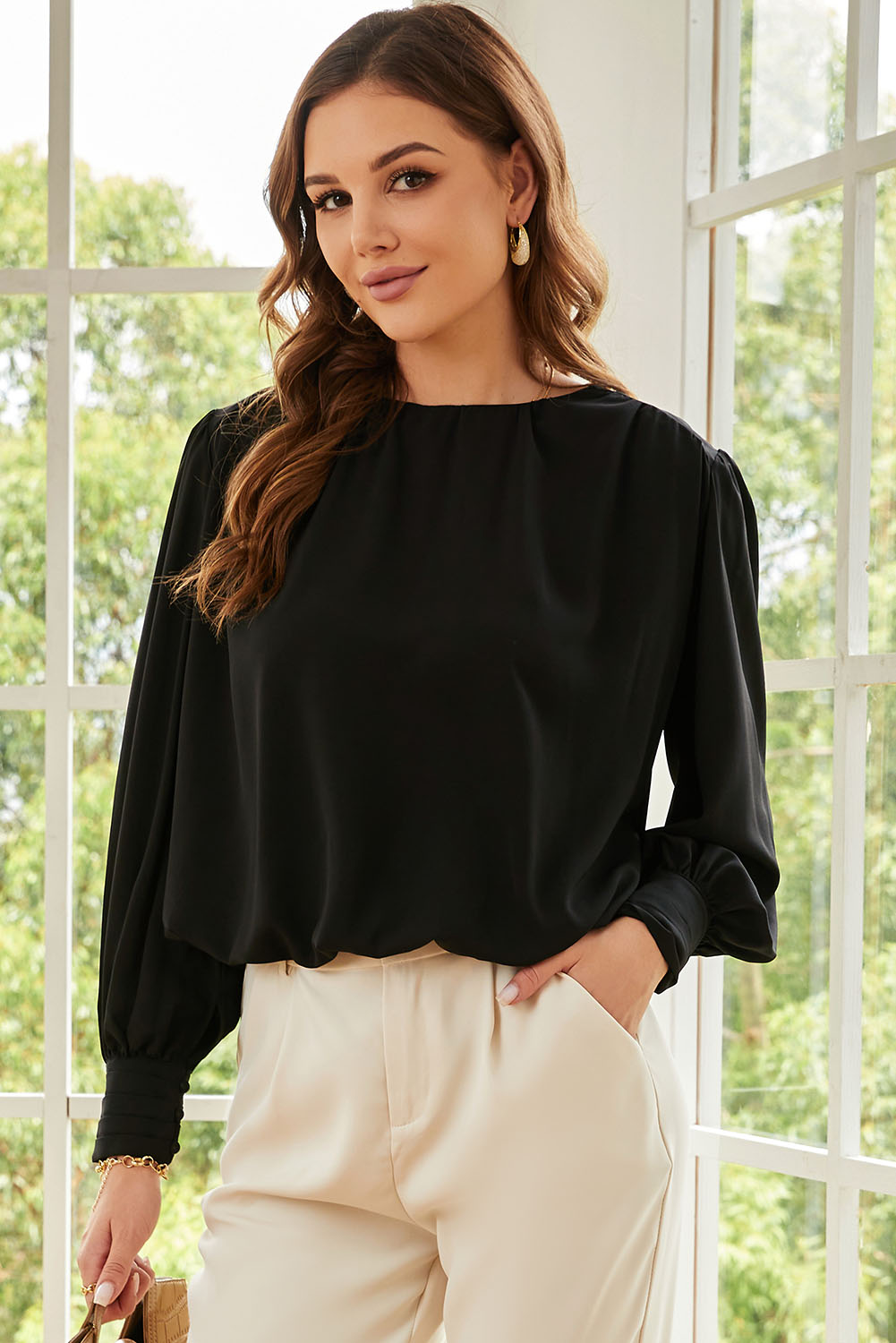 Black Padded Shoulder Buttoned Cuffs Pleated Loose Blouse - loveforevers