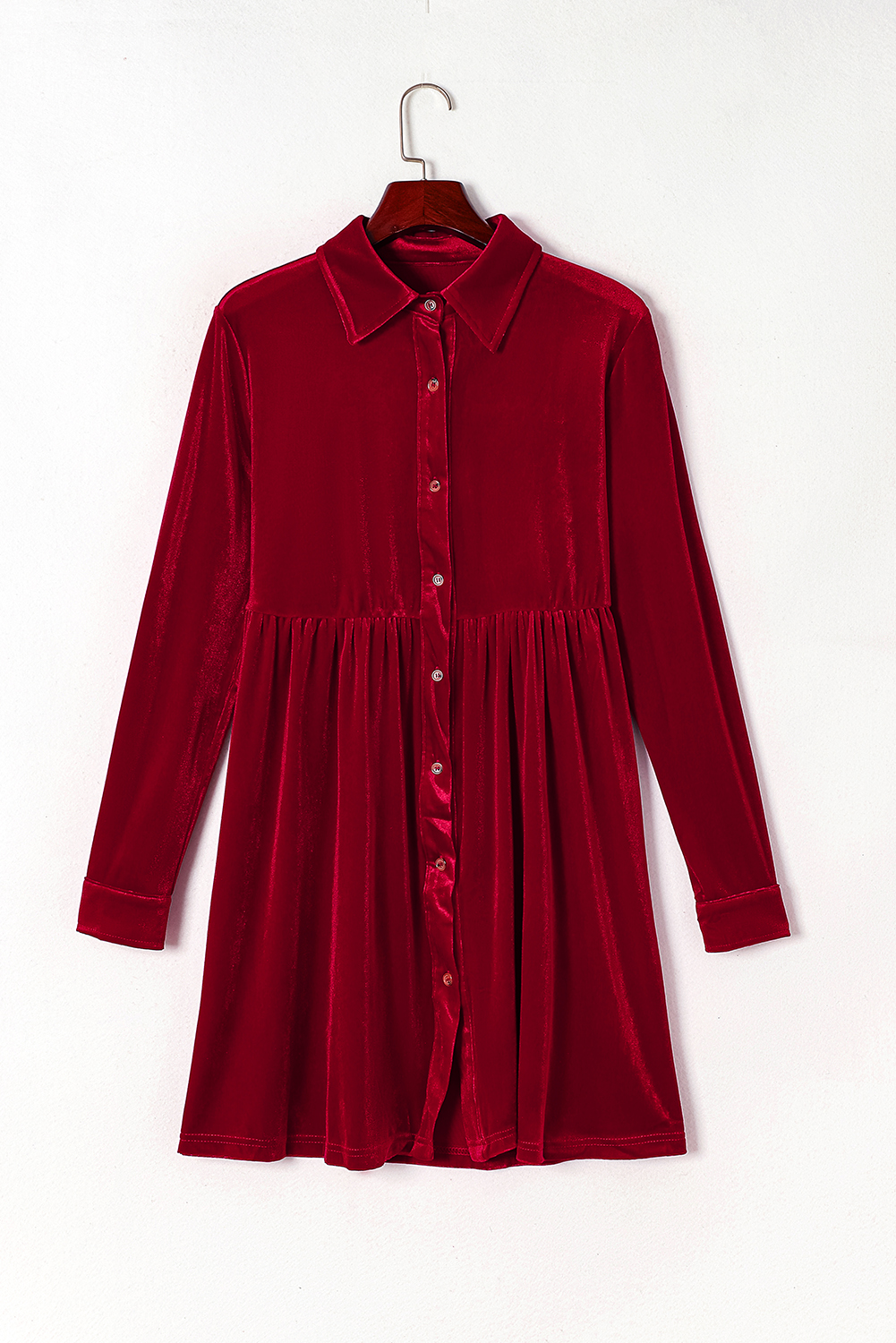 Fiery Red Long Sleeve Ruffle Velvet Button Up Dress - loveforevers