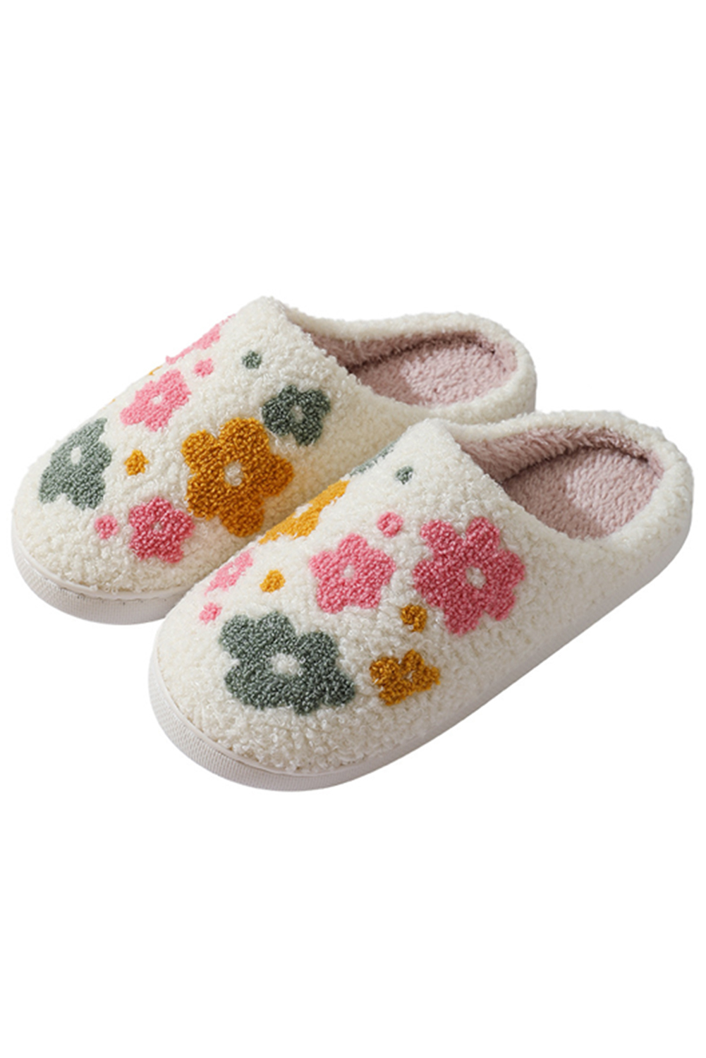 White Flower Pattern Slip On Plush Home Slippers - loveforevers
