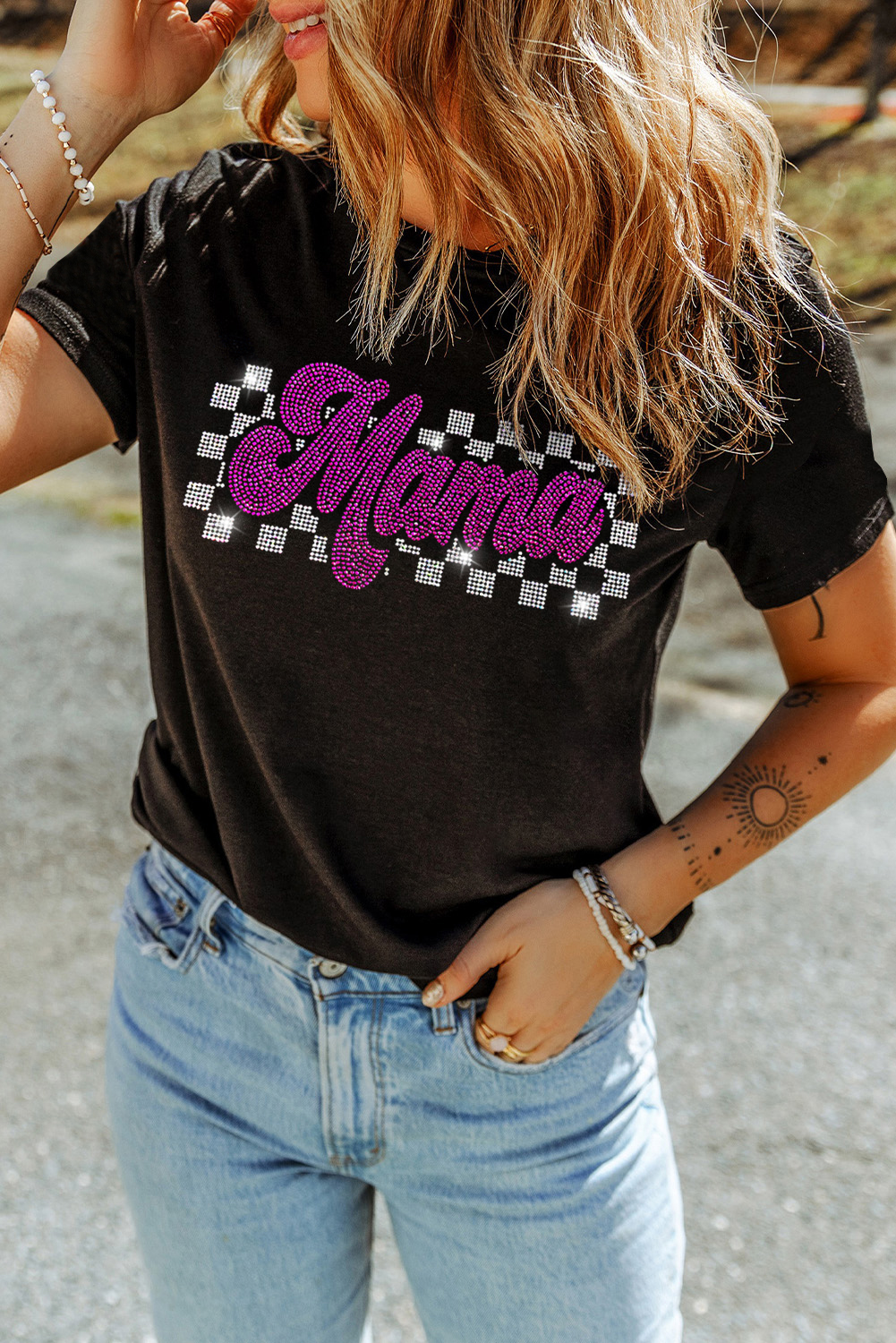 Black Rhinestone Mama Letter Graphic T Shirt - loveforevers