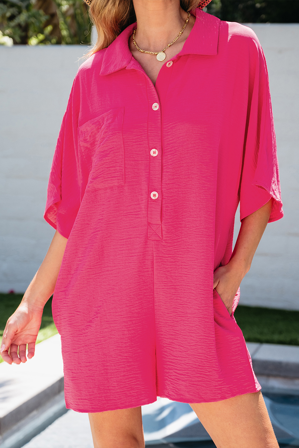 Black Half Button Collared Loose Romper - loveforevers