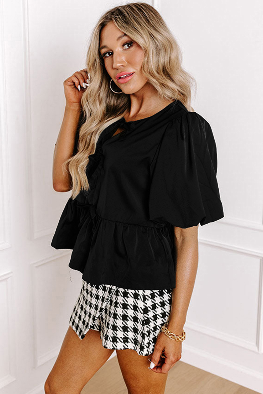Black Puff Sleeve Bowknot Front Peplum Blouse - loveforevers