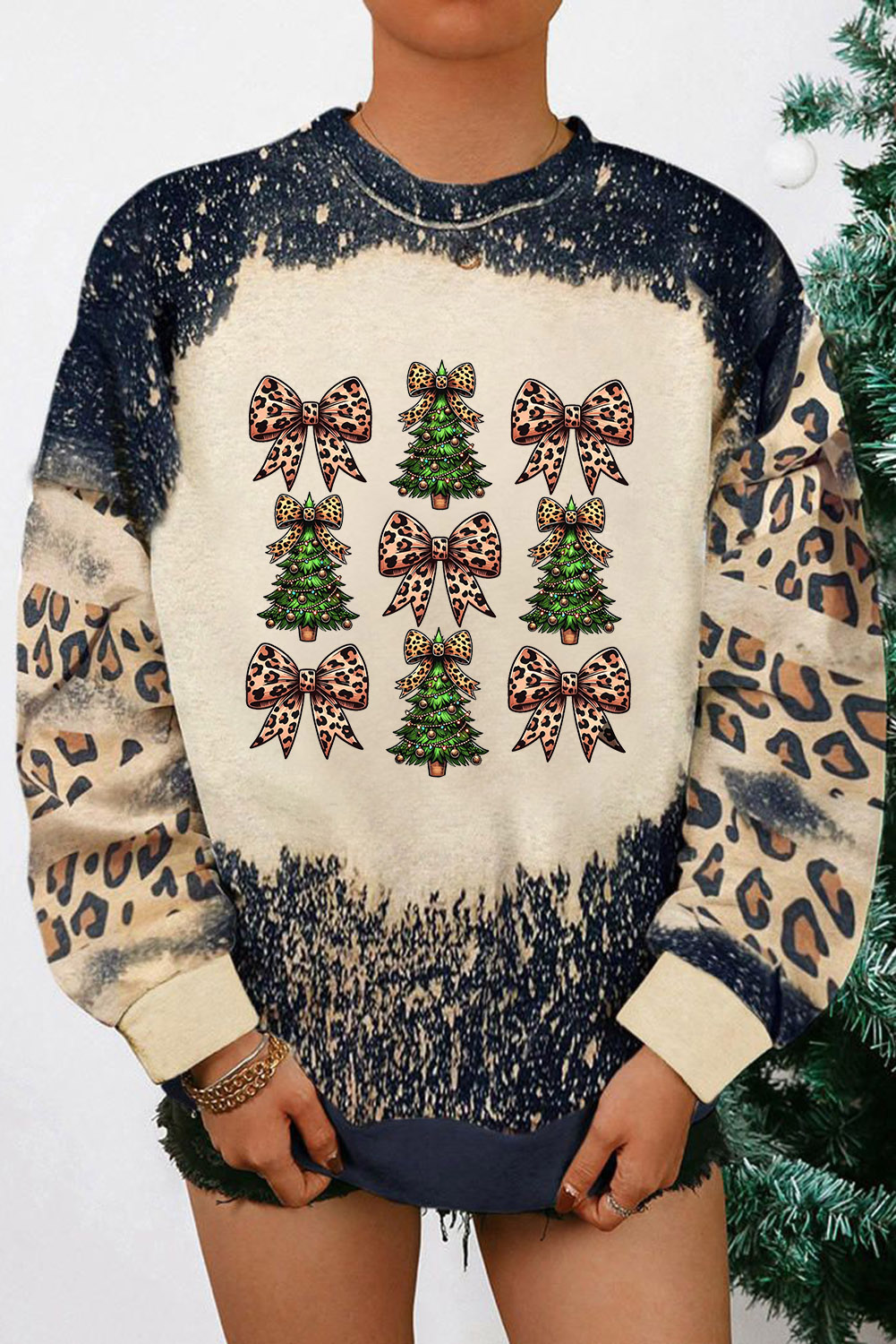 Black Leopard Bow Christmas Tree Printed Tie Dye Bleached Baggy Sweatshirt - loveforevers