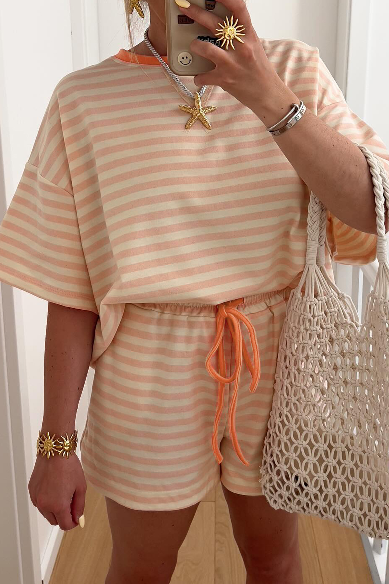 Pink Stripe Contrast Neck Loose Tee and Drawstring Shorts Set - loveforevers
