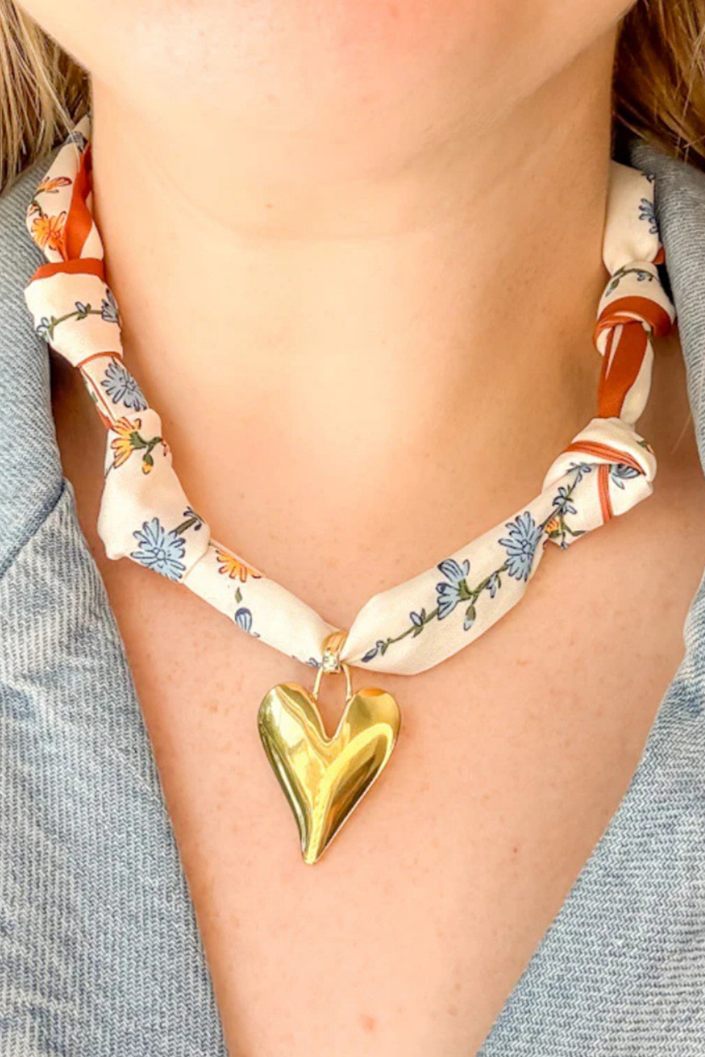 White Floral Print Scarf Knotted Gold Heart Charm Necklace - loveforevers