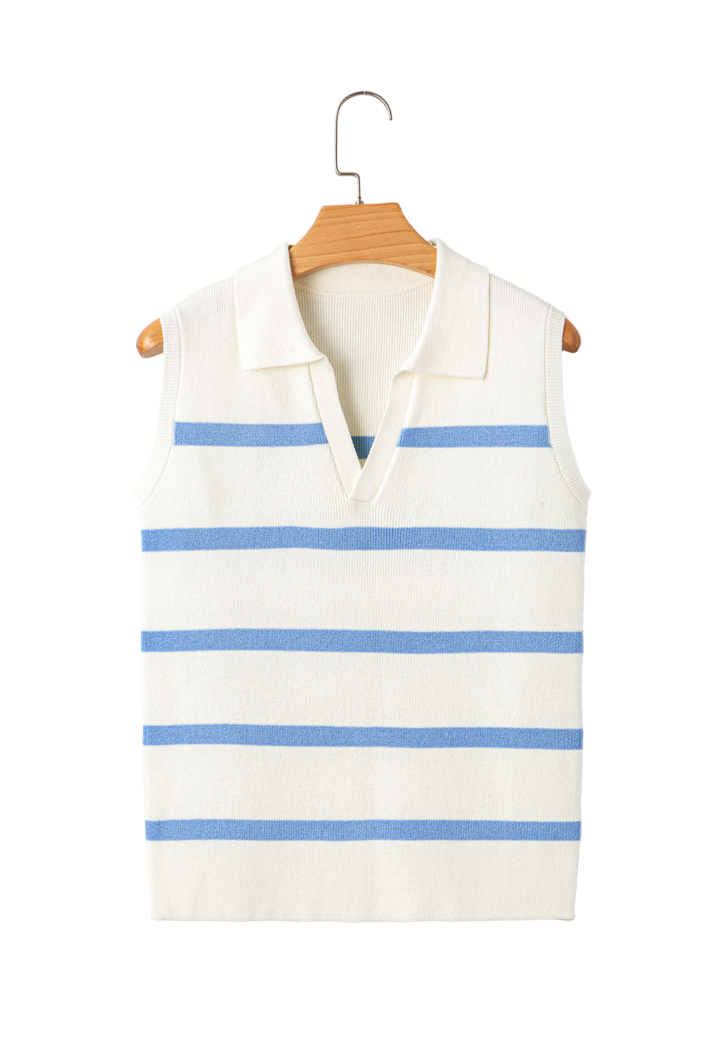 Sky Blue Stripe Split V Neck Collared Ribbed Sweater Vest - loveforevers
