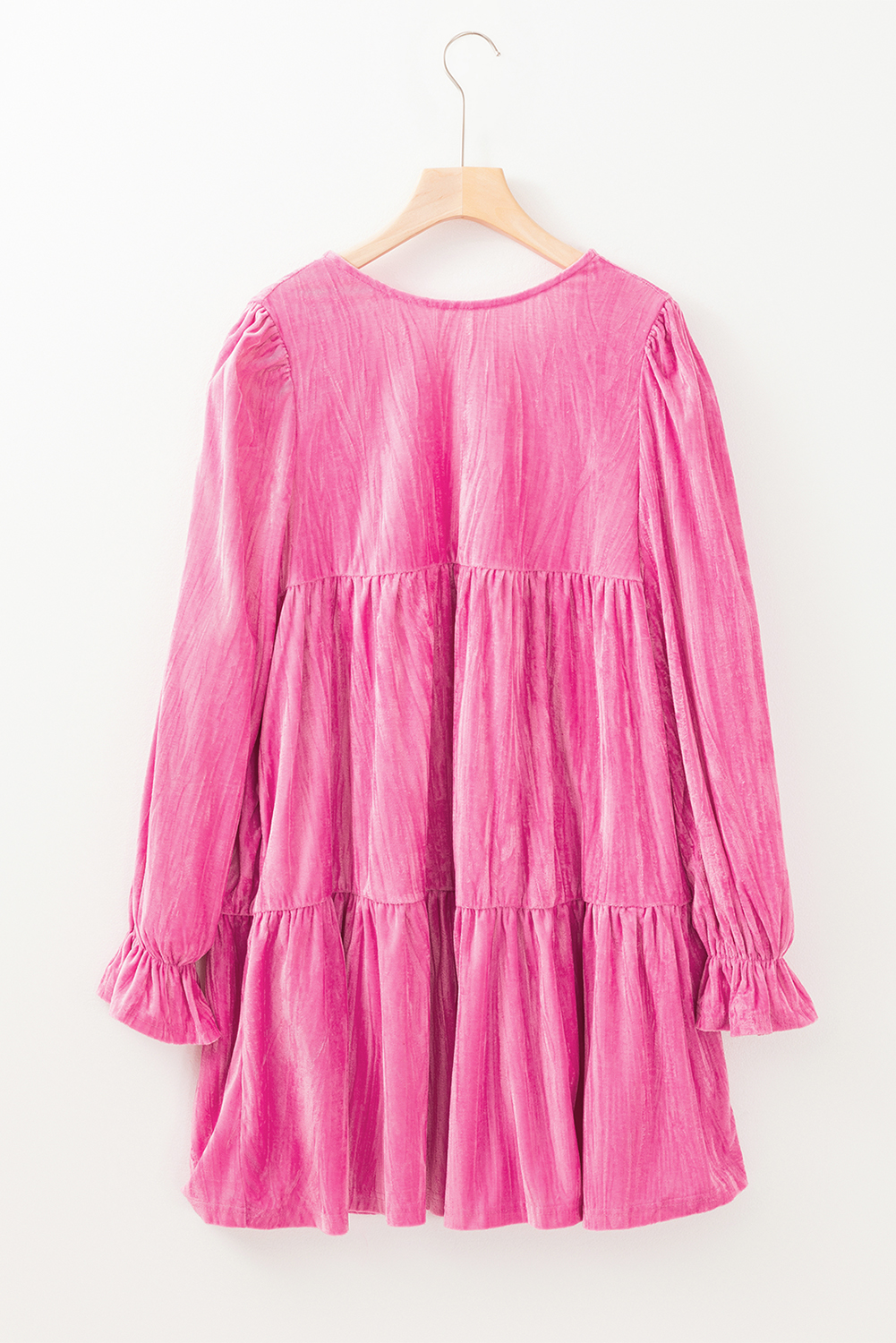 Strawberry Pink Flounce Sleeve Tiered Ruffled Velvet Mini Dress - loveforevers