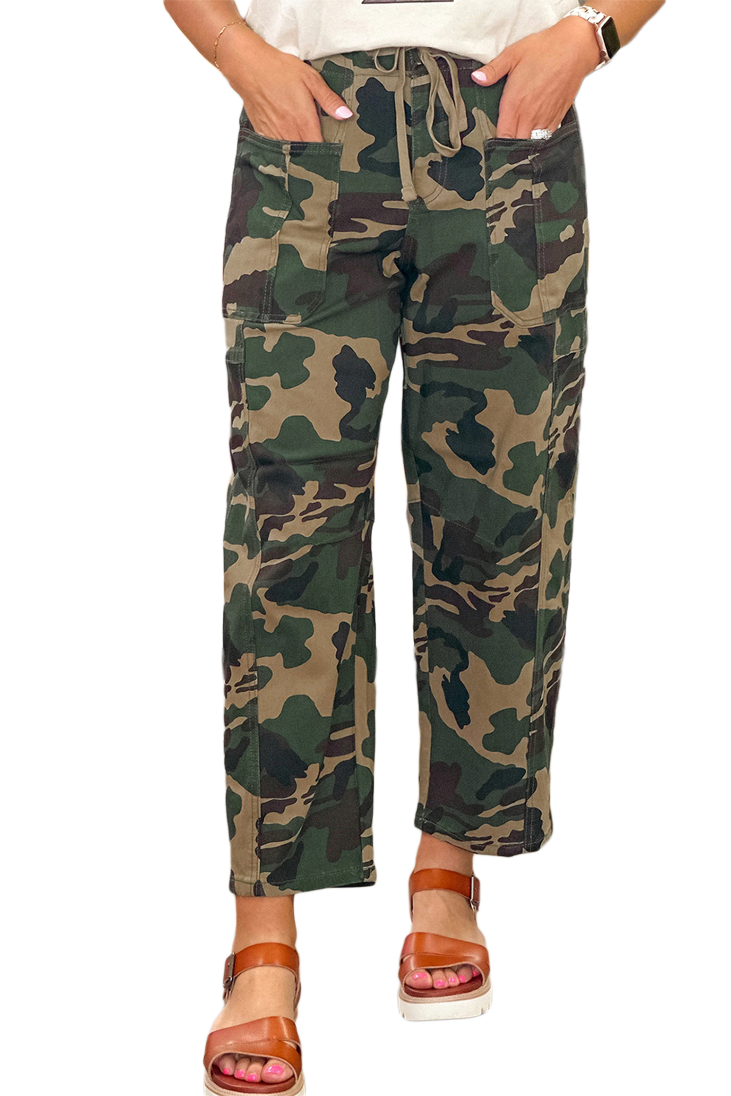 Green Camouflage Print Drawstring Patch Pocket Barrel Jeans - loveforevers