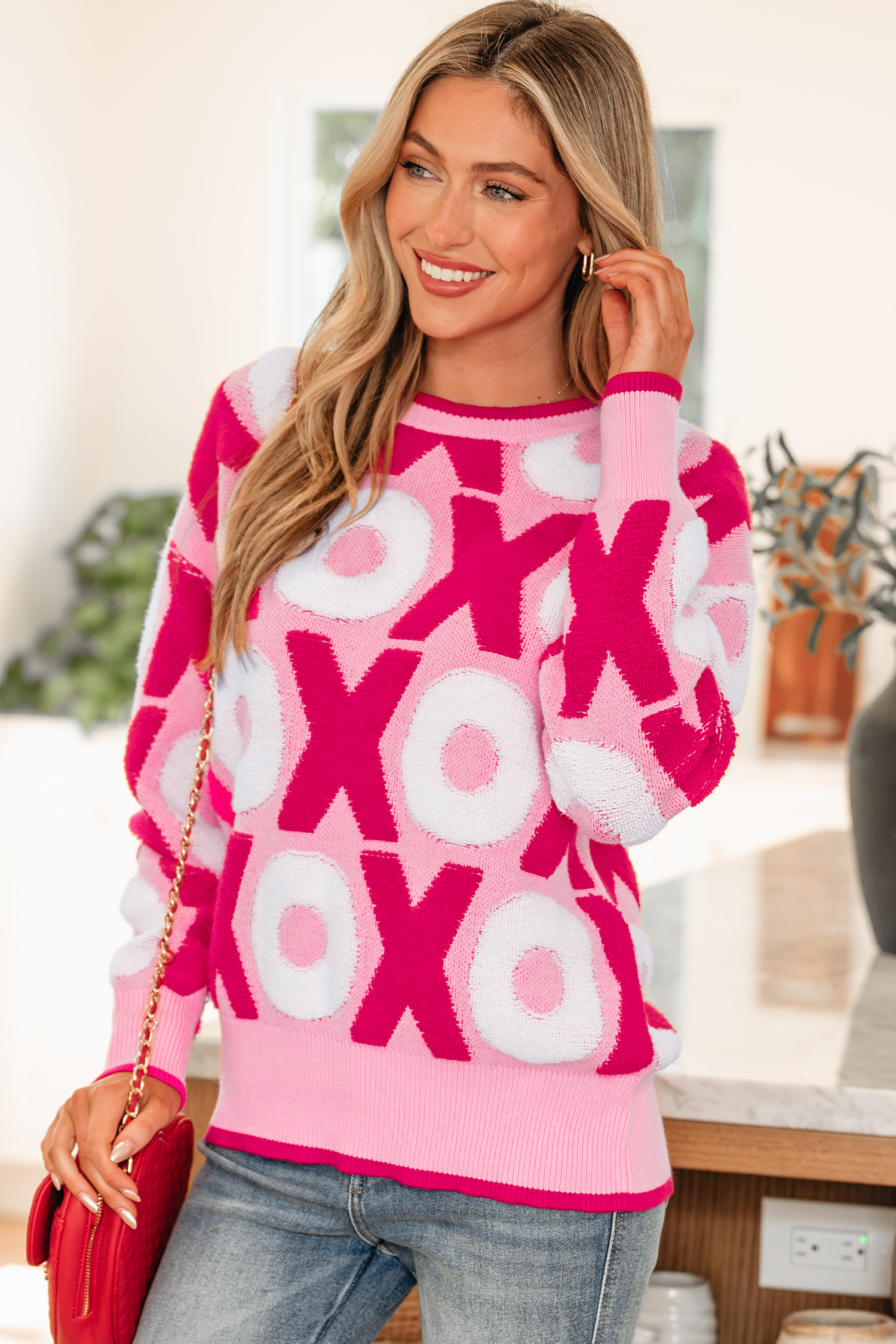 Pink XOXO Pattern Drop Shoulder Crewneck Valentines Sweater - loveforevers
