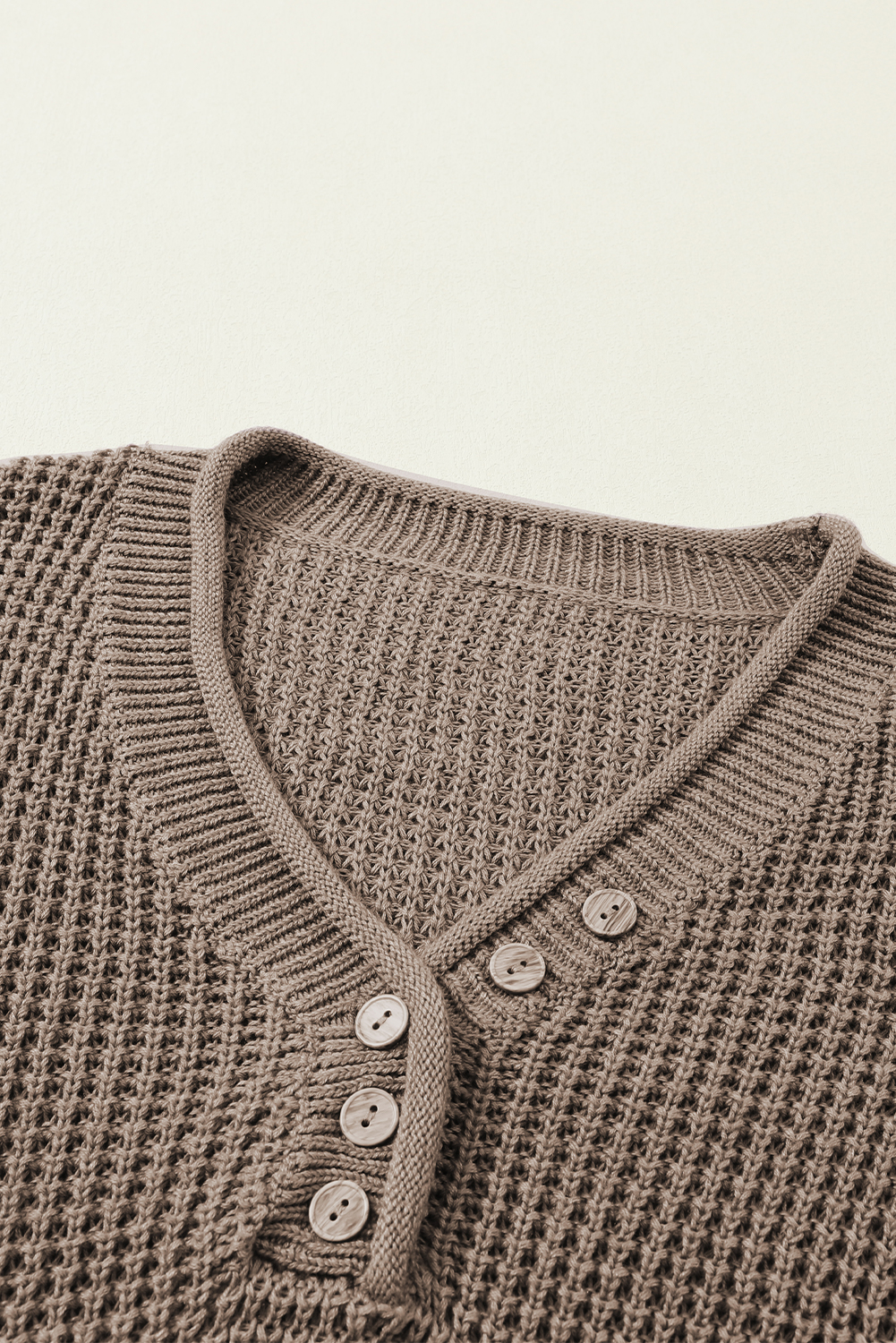Khaki Pointelle Knit Button V Neck Drop Shoulder Sweater - loveforevers