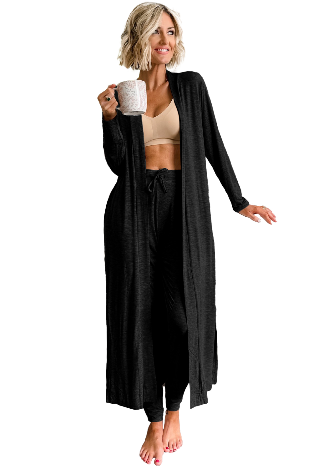 Parchment Split Long Cardigan and Skinny Pants Lounge Set - loveforevers