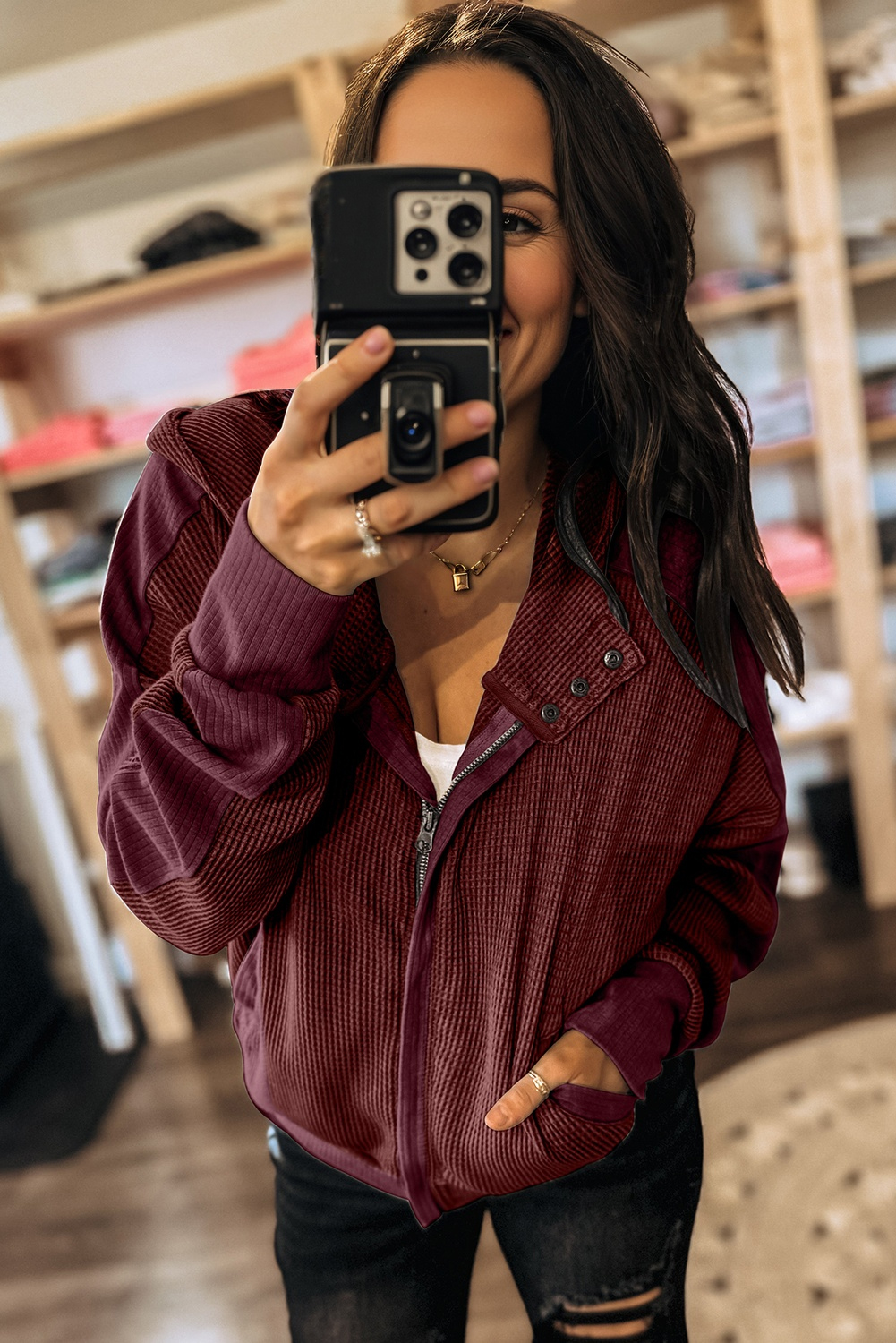 Burgundy Waffle Splicing Zip Up Front Button Hooded Jacket - loveforevers
