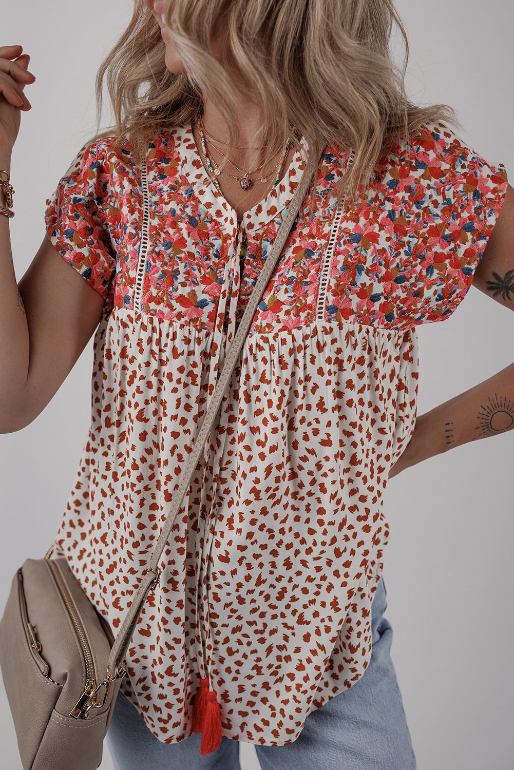 Red Printed Embroidery Detail Tie Split Neck Blouse - loveforevers