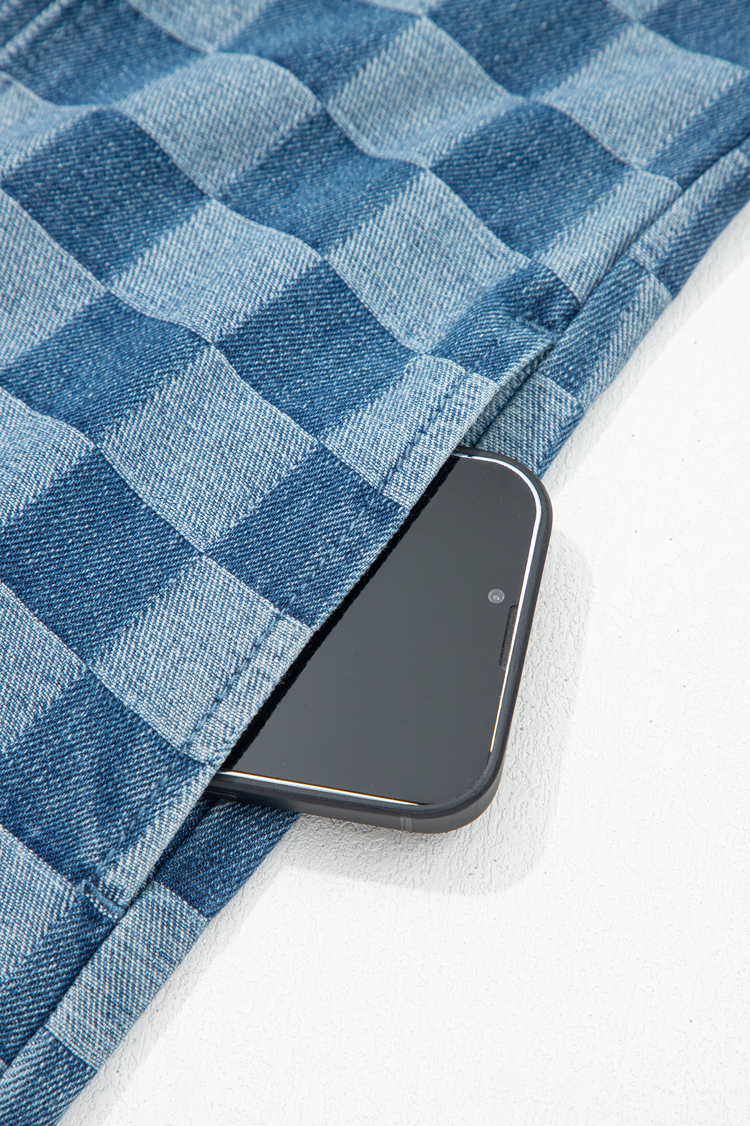 Sky Blue Frayed Hem Checkered Denim Mini Dress - loveforevers