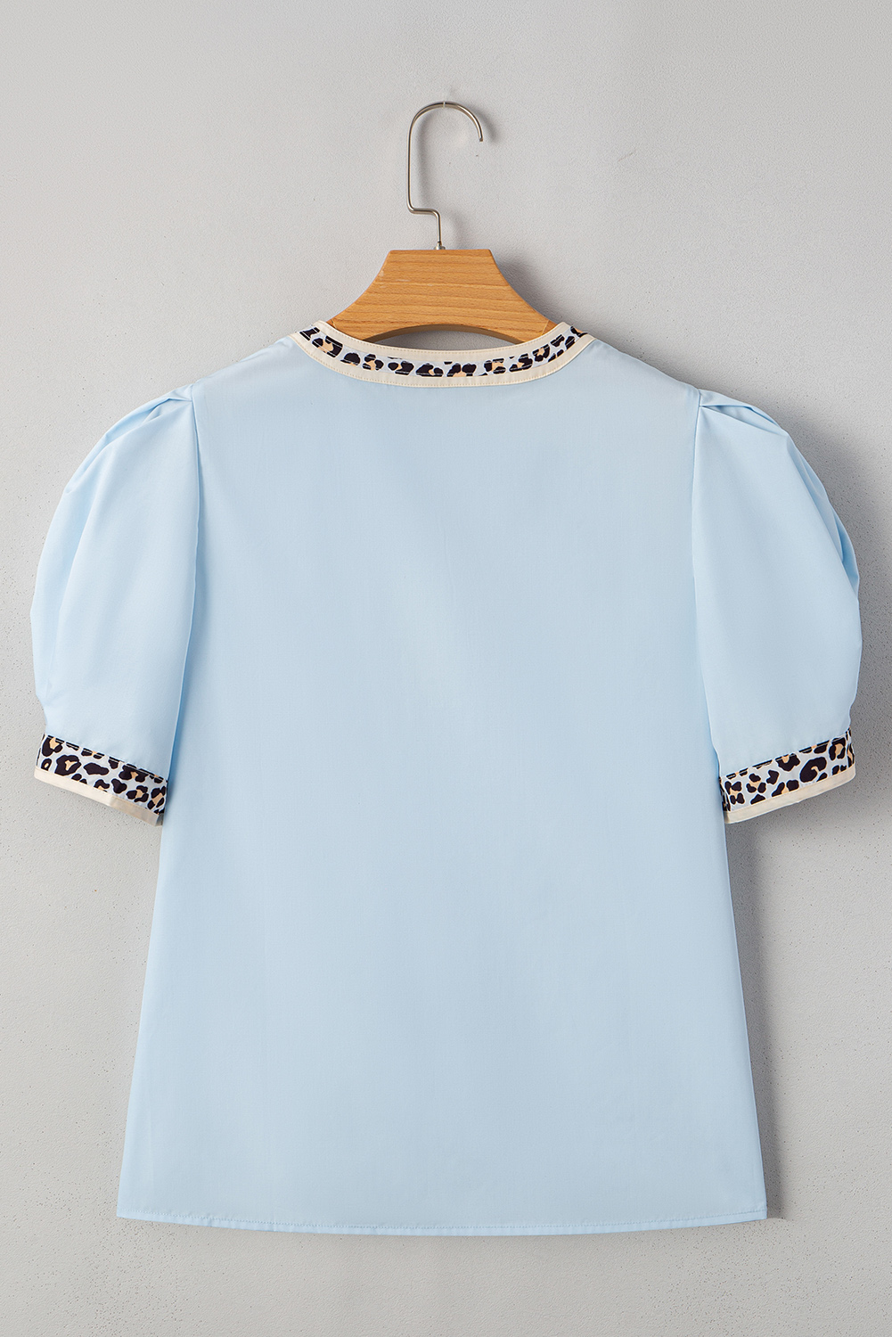 Buckskin Contrast Leopard Trim Split Neck Puff Sleeve Blouse - loveforevers